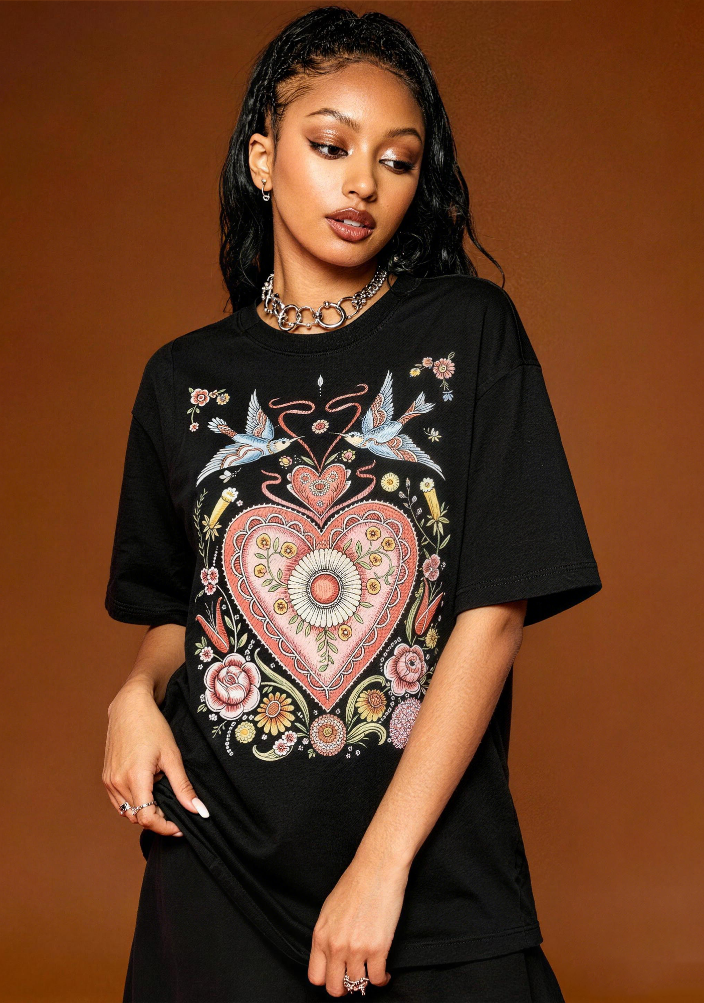 Folk Art Sacred Heart Swallow Floral Graphic T-Shirt