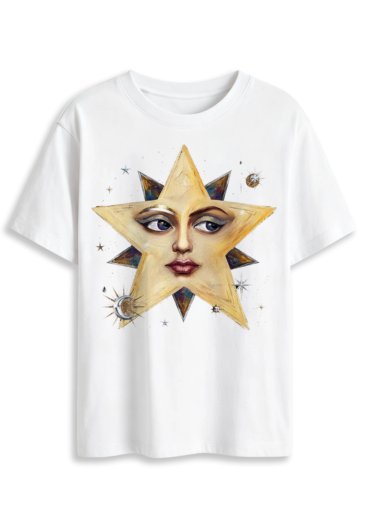 Surreal Star Face Celestial Moon Star Dark Aesthetic Graphic T-Shirt