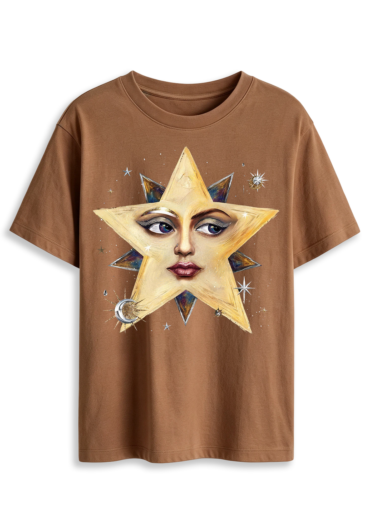 Surreal Star Face Celestial Moon Star Dark Aesthetic Graphic T-Shirt