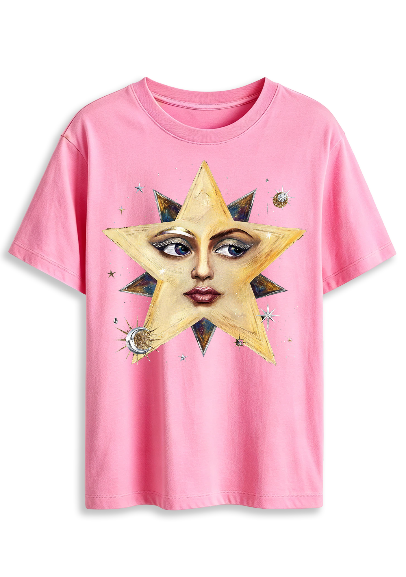 Surreal Star Face Celestial Moon Star Dark Aesthetic Graphic T-Shirt