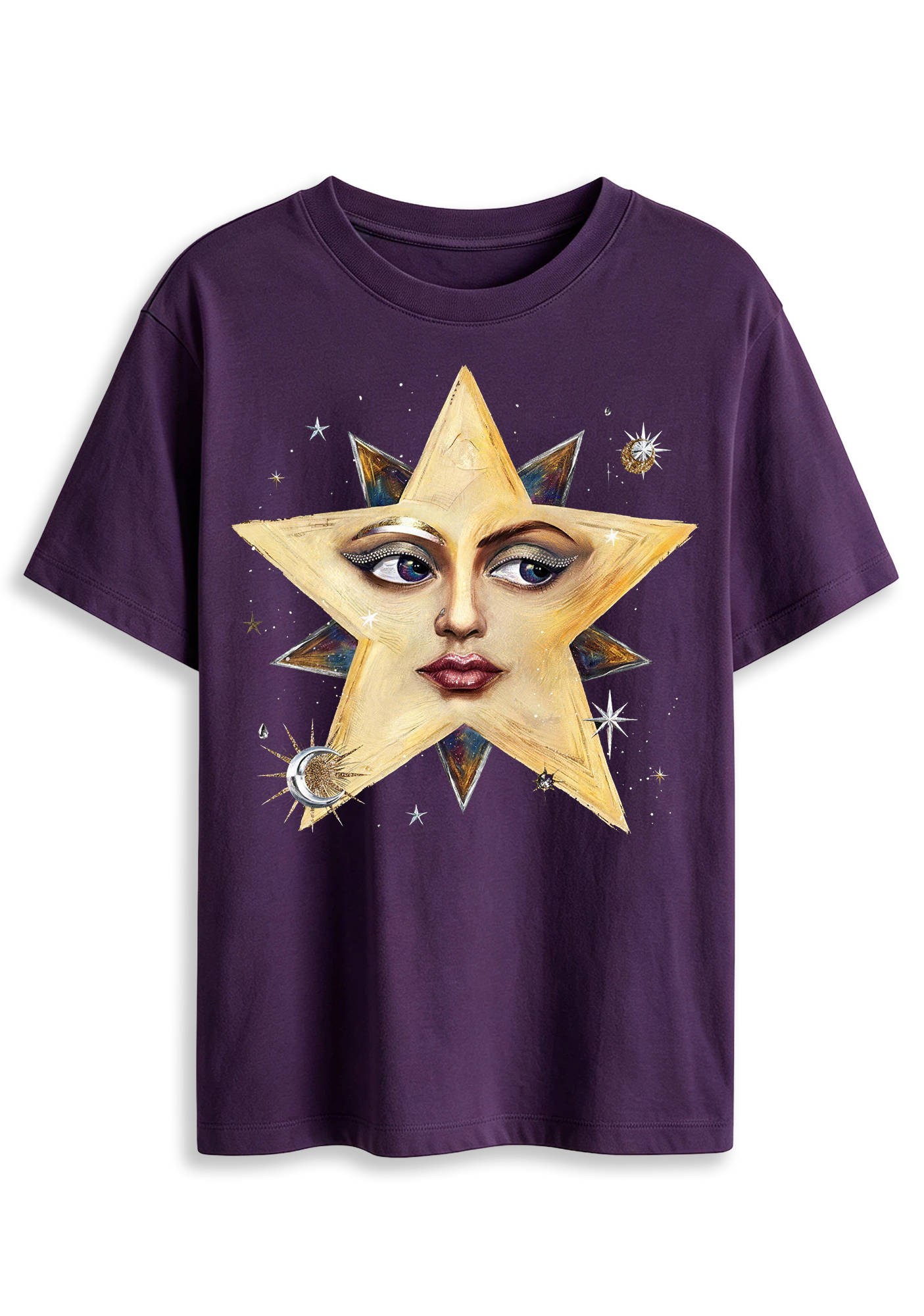 Surreal Star Face Celestial Moon Star Dark Aesthetic Graphic T-Shirt