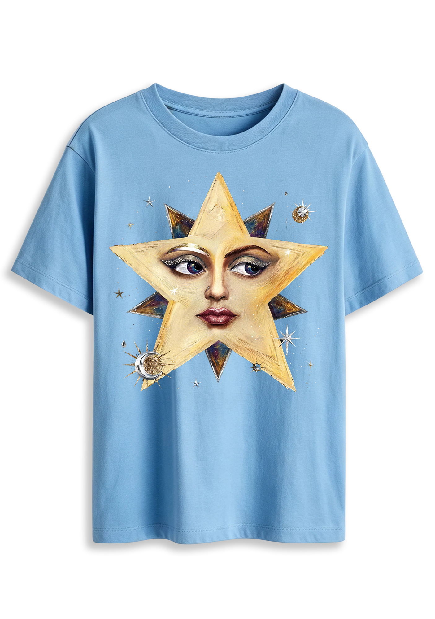 Surreal Star Face Celestial Moon Star Dark Aesthetic Graphic T-Shirt