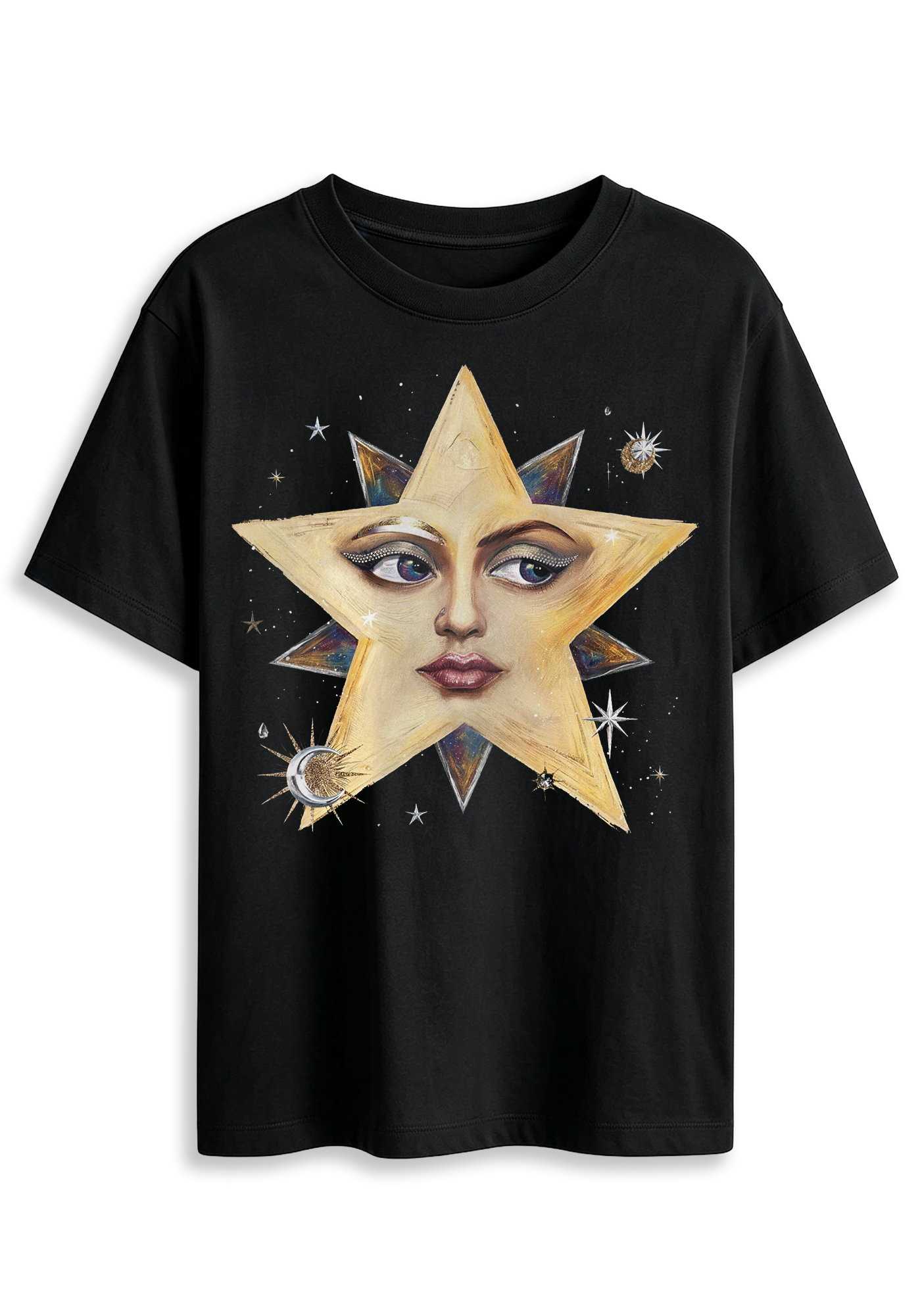 Surreal Star Face Celestial Moon Star Dark Aesthetic Graphic T-Shirt