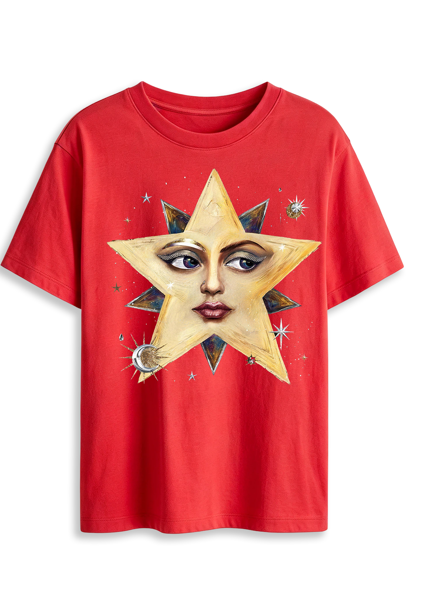 Surreal Star Face Celestial Moon Star Dark Aesthetic Graphic T-Shirt