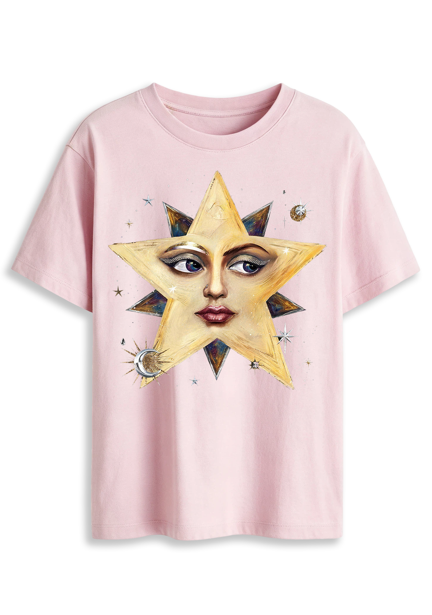 Surreal Star Face Celestial Moon Star Dark Aesthetic Graphic T-Shirt