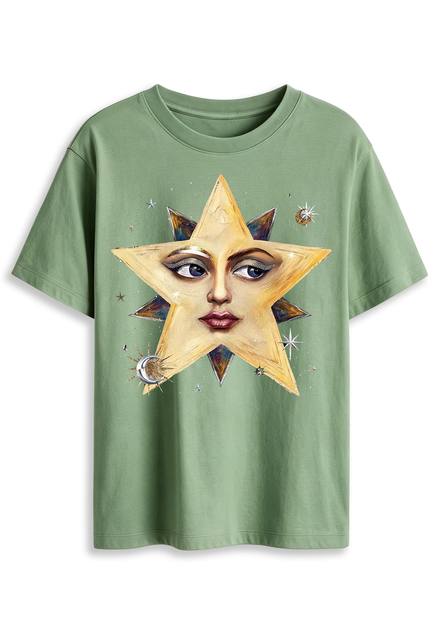 Surreal Star Face Celestial Moon Star Dark Aesthetic Graphic T-Shirt
