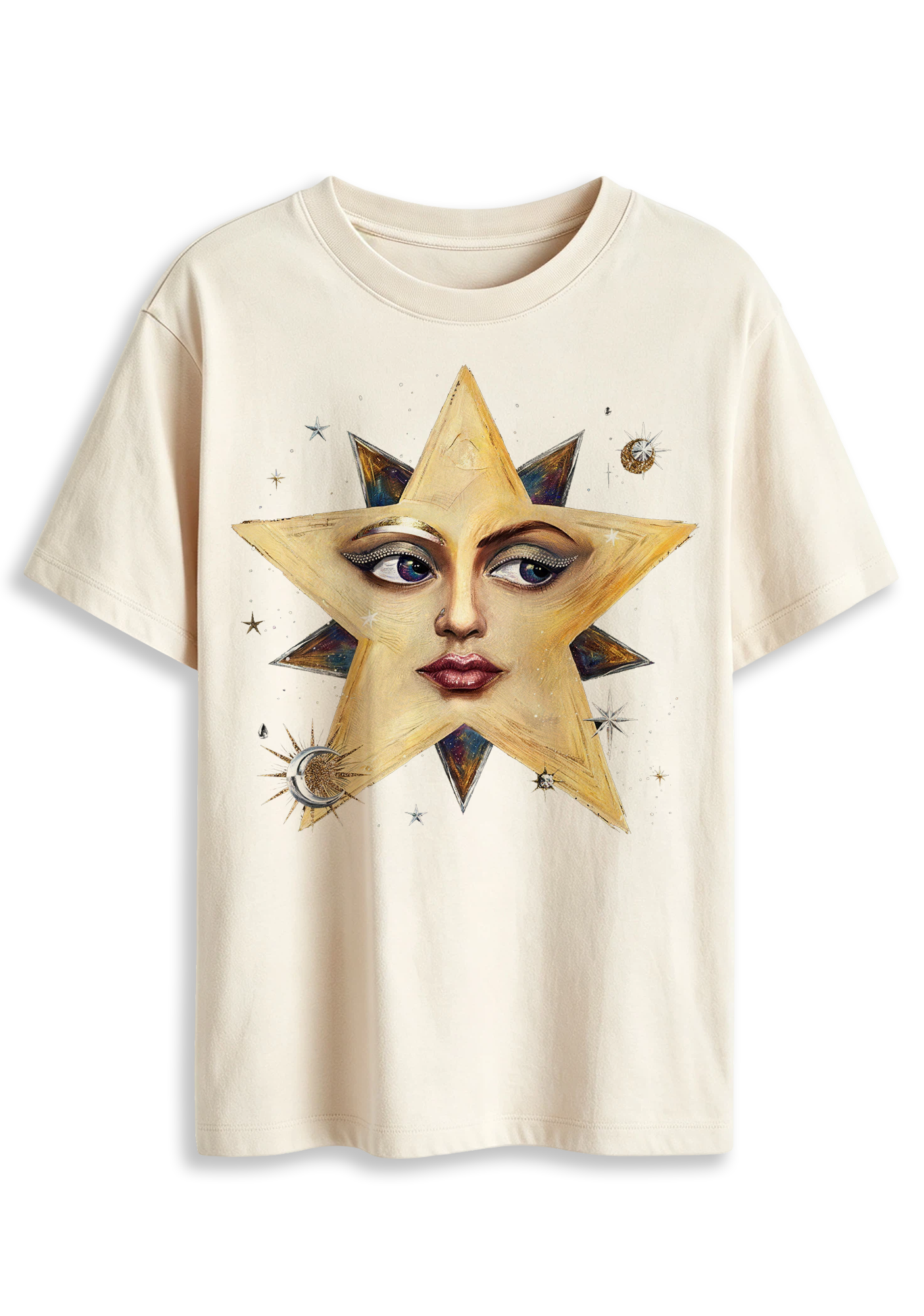 Surreal Star Face Celestial Moon Star Dark Aesthetic Graphic T-Shirt