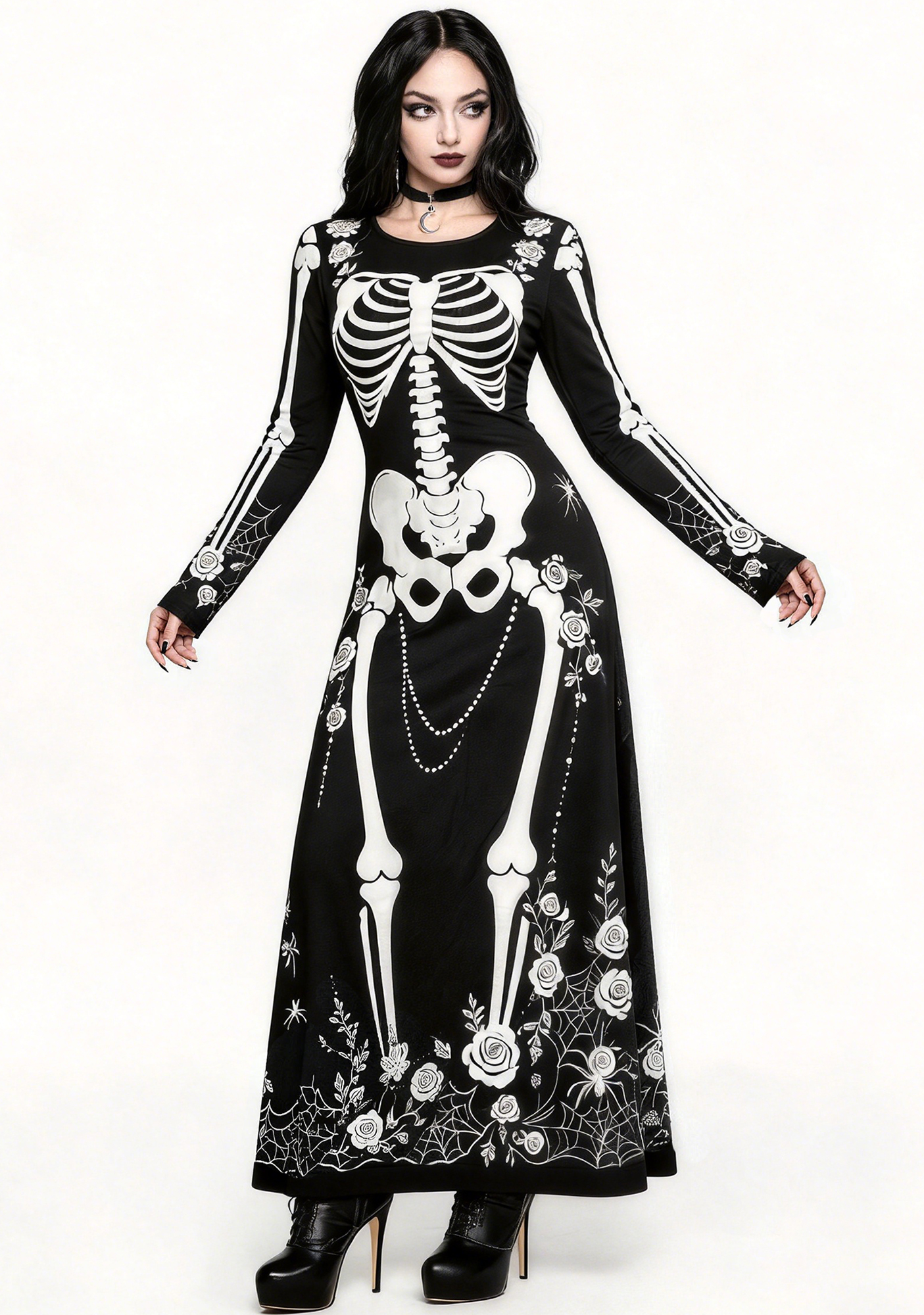 Gothic Skeleton & White Rose Spiderweb Maxi Dress