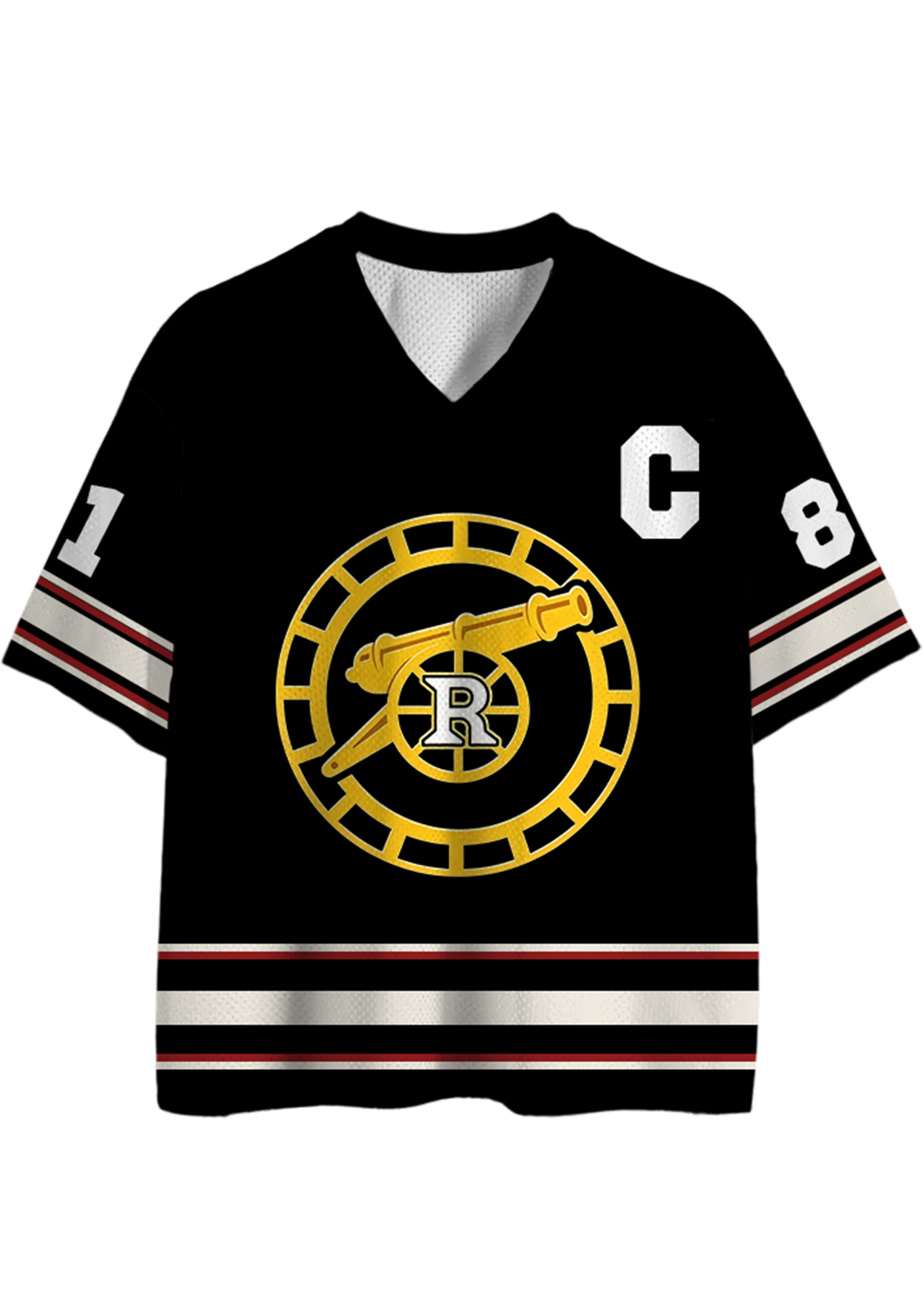 Black Retro Captain Number Stripe Hockey Short Sleeve Jersey