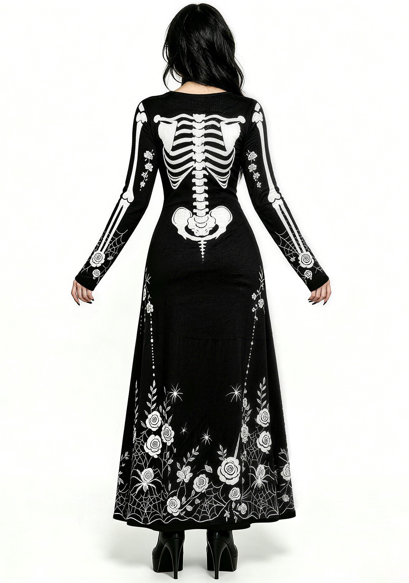 Gothic Skeleton & White Rose Spiderweb Maxi Dress