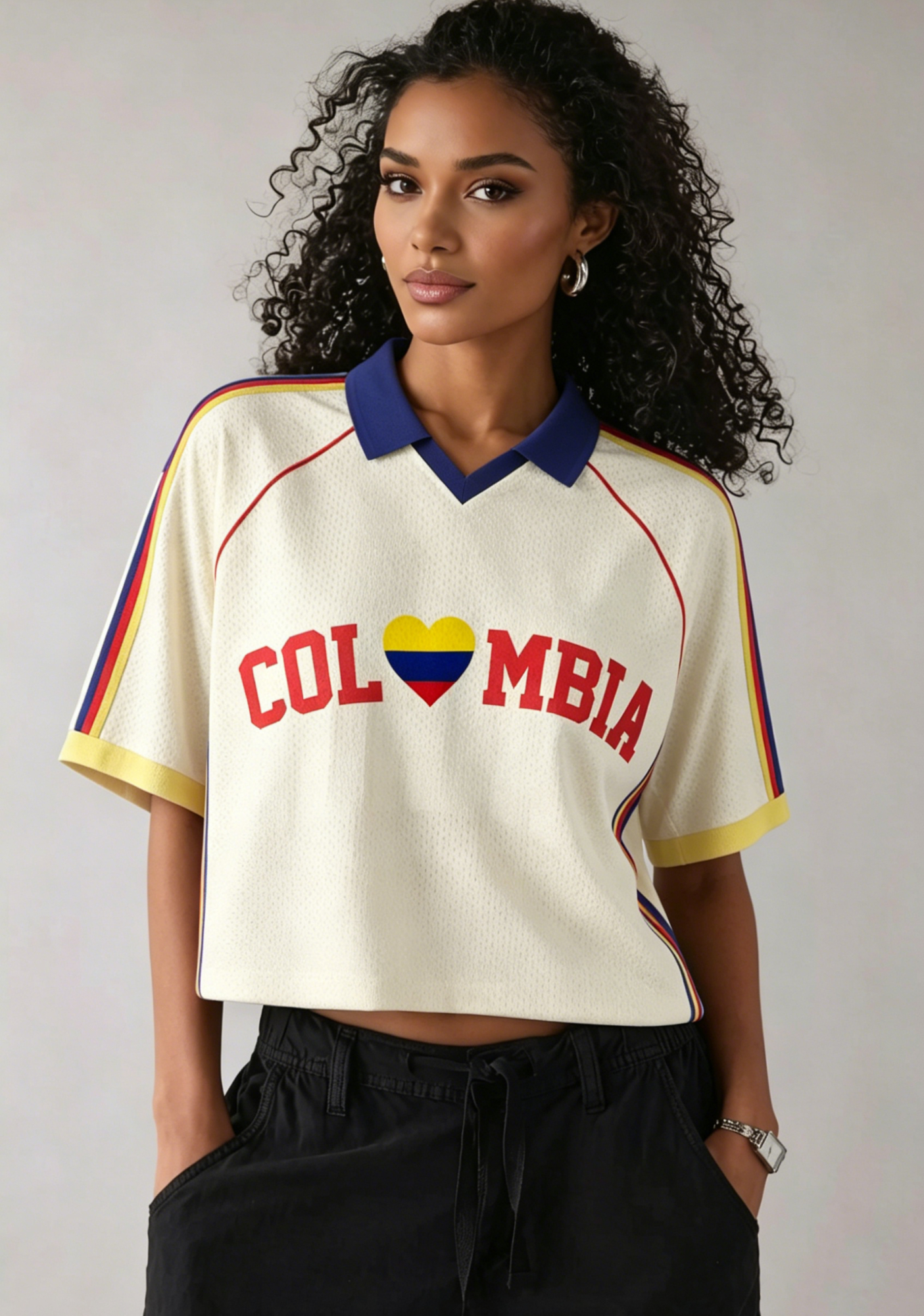 I Love Colombia Flag Heart Crop Collared Soccer Jersey