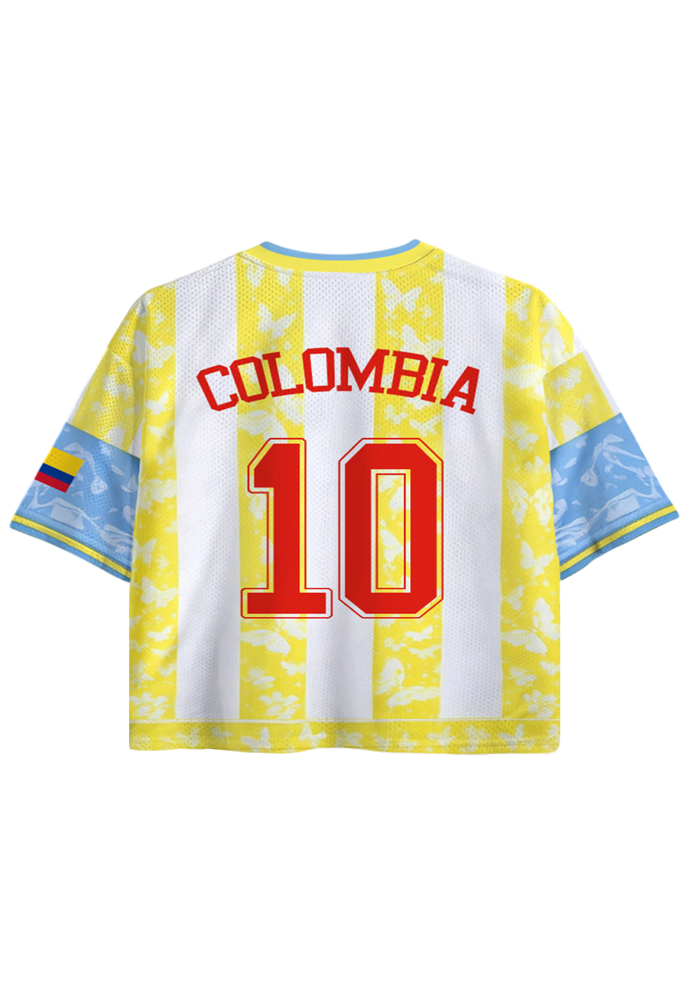 Colombia Butterfly Print Striped Cropped Mesh Jersey Shirt