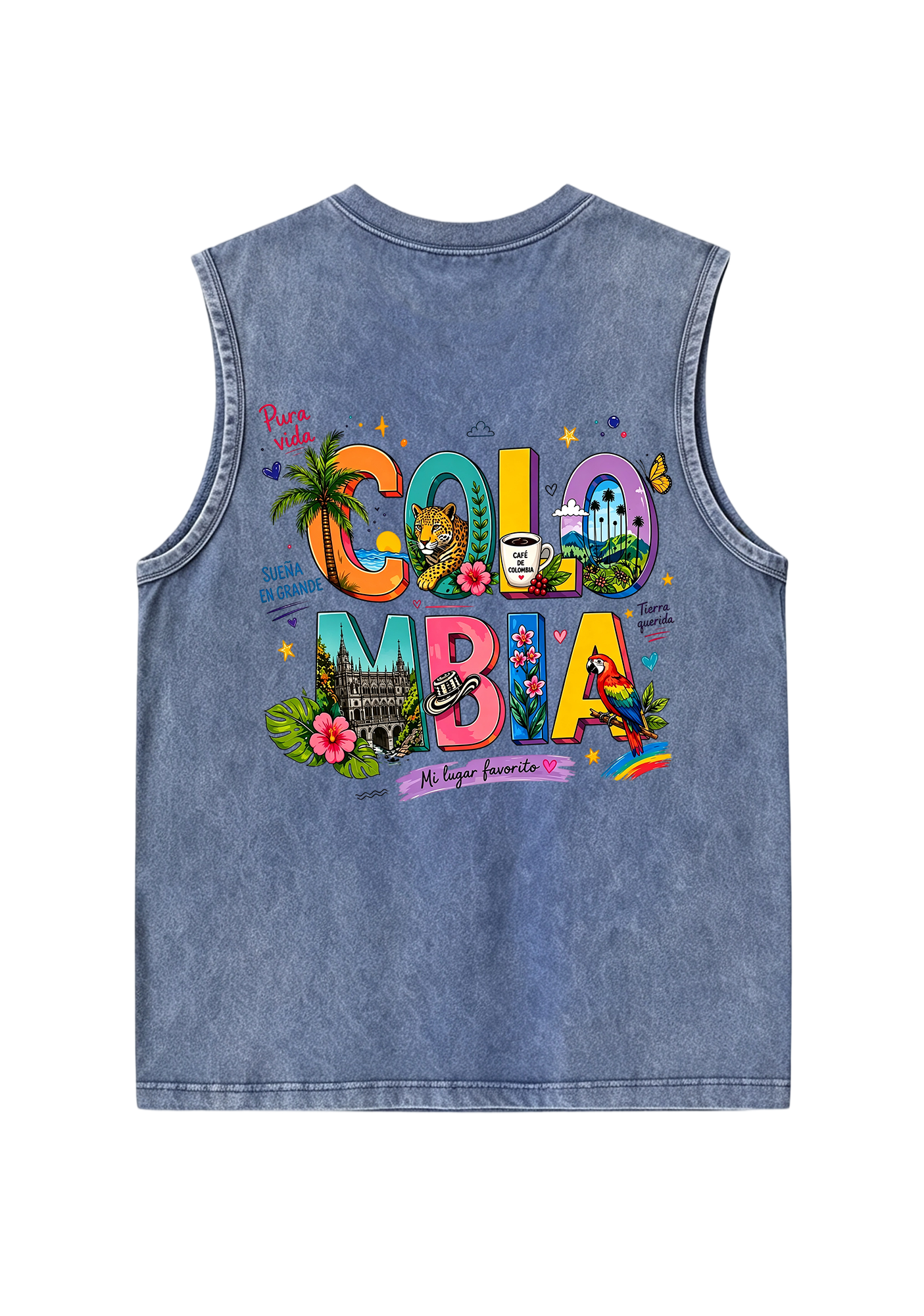 Colorful Colombia Culture Fill Letter Washed Tank