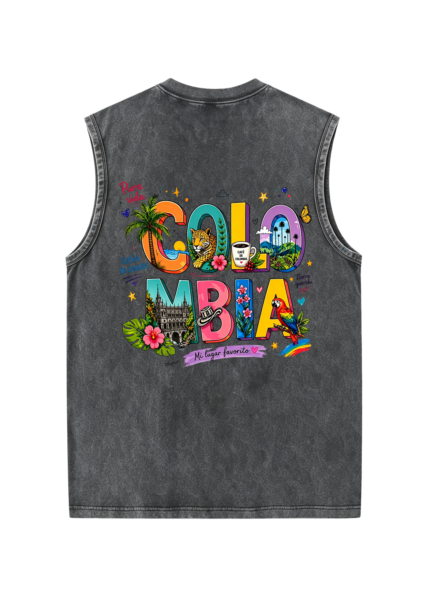 Colorful Colombia Culture Fill Letter Washed Tank