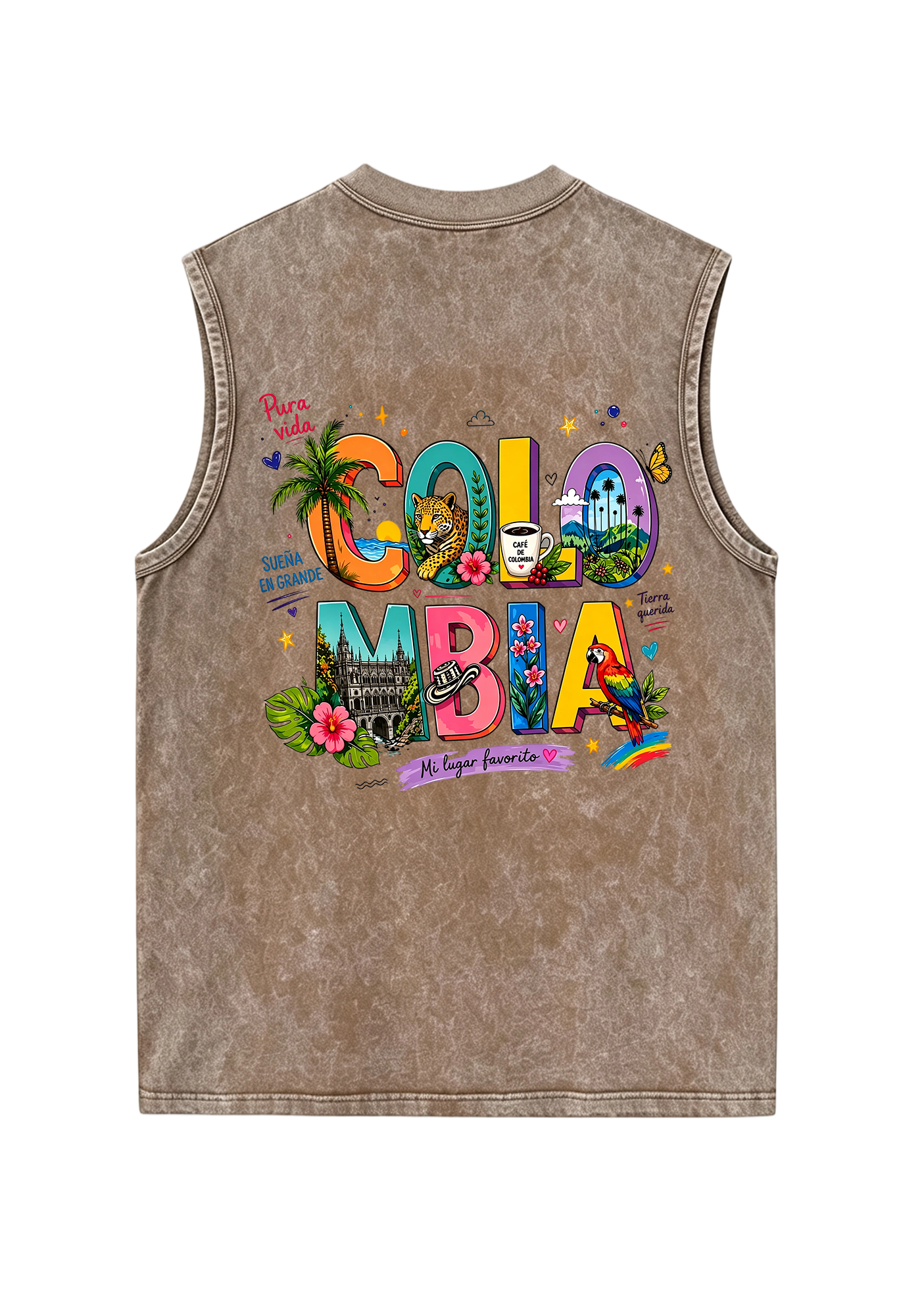 Colorful Colombia Culture Fill Letter Washed Tank