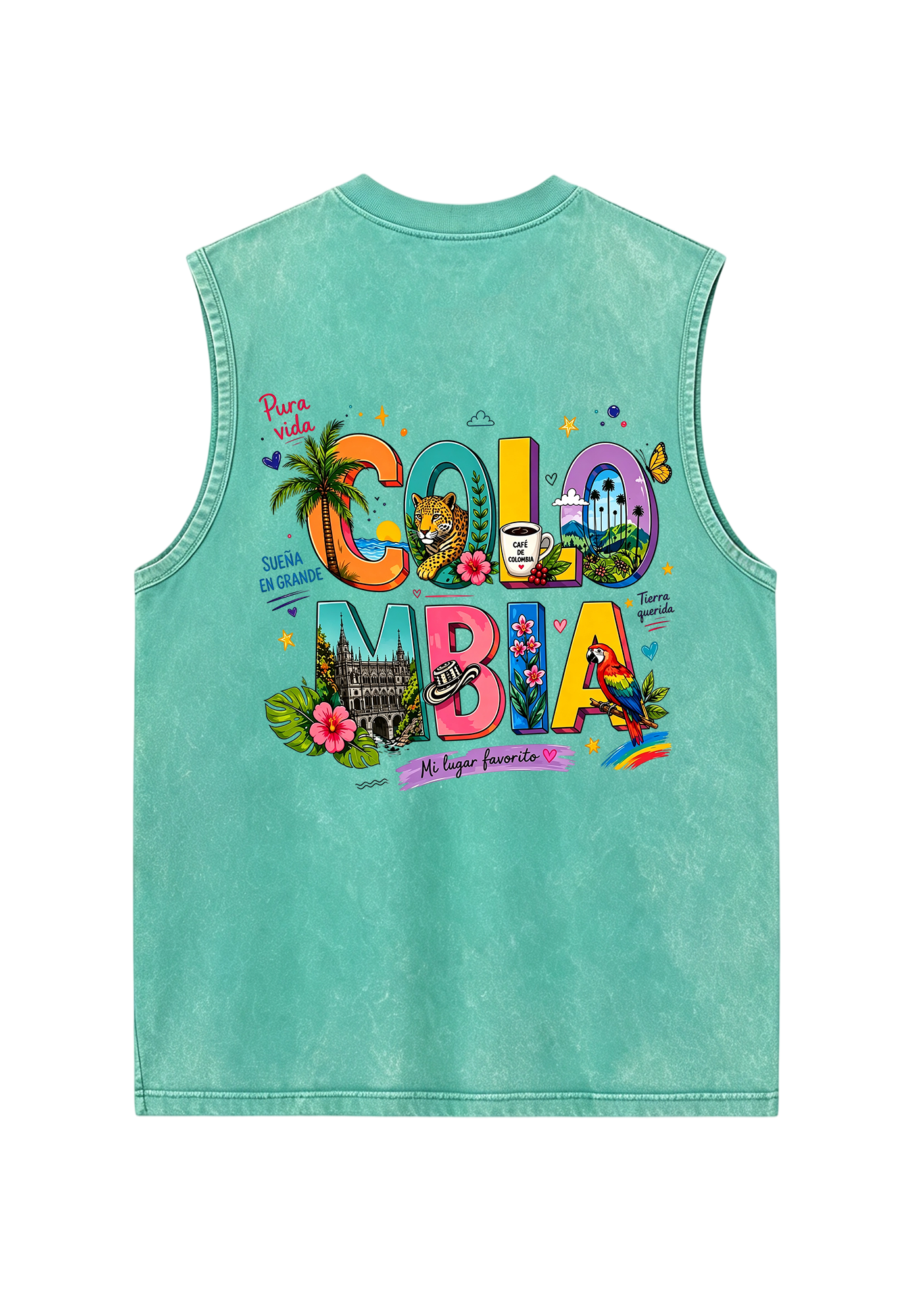 Colorful Colombia Culture Fill Letter Washed Tank