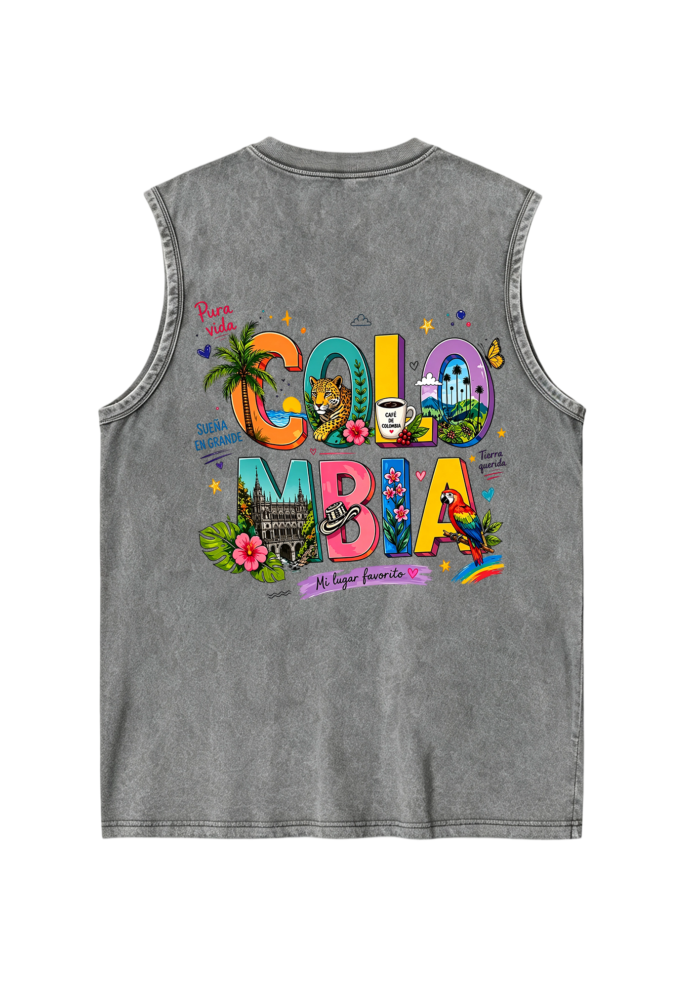 Colorful Colombia Culture Fill Letter Washed Tank