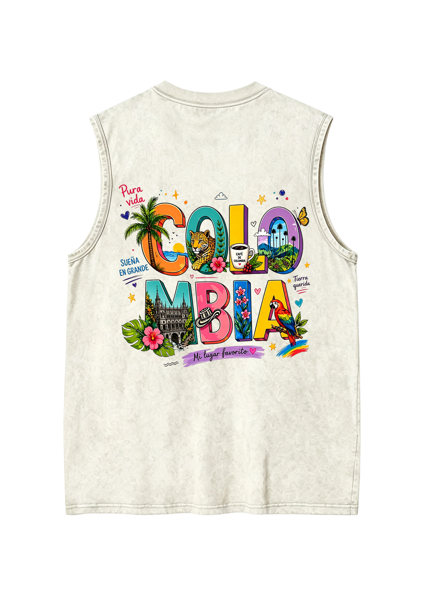 Colorful Colombia Culture Fill Letter Washed Tank