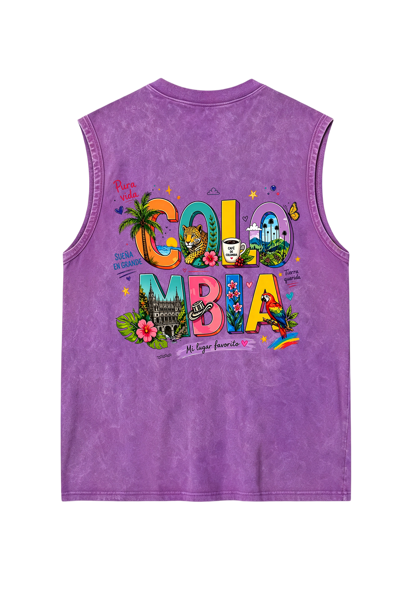 Colorful Colombia Culture Fill Letter Washed Tank