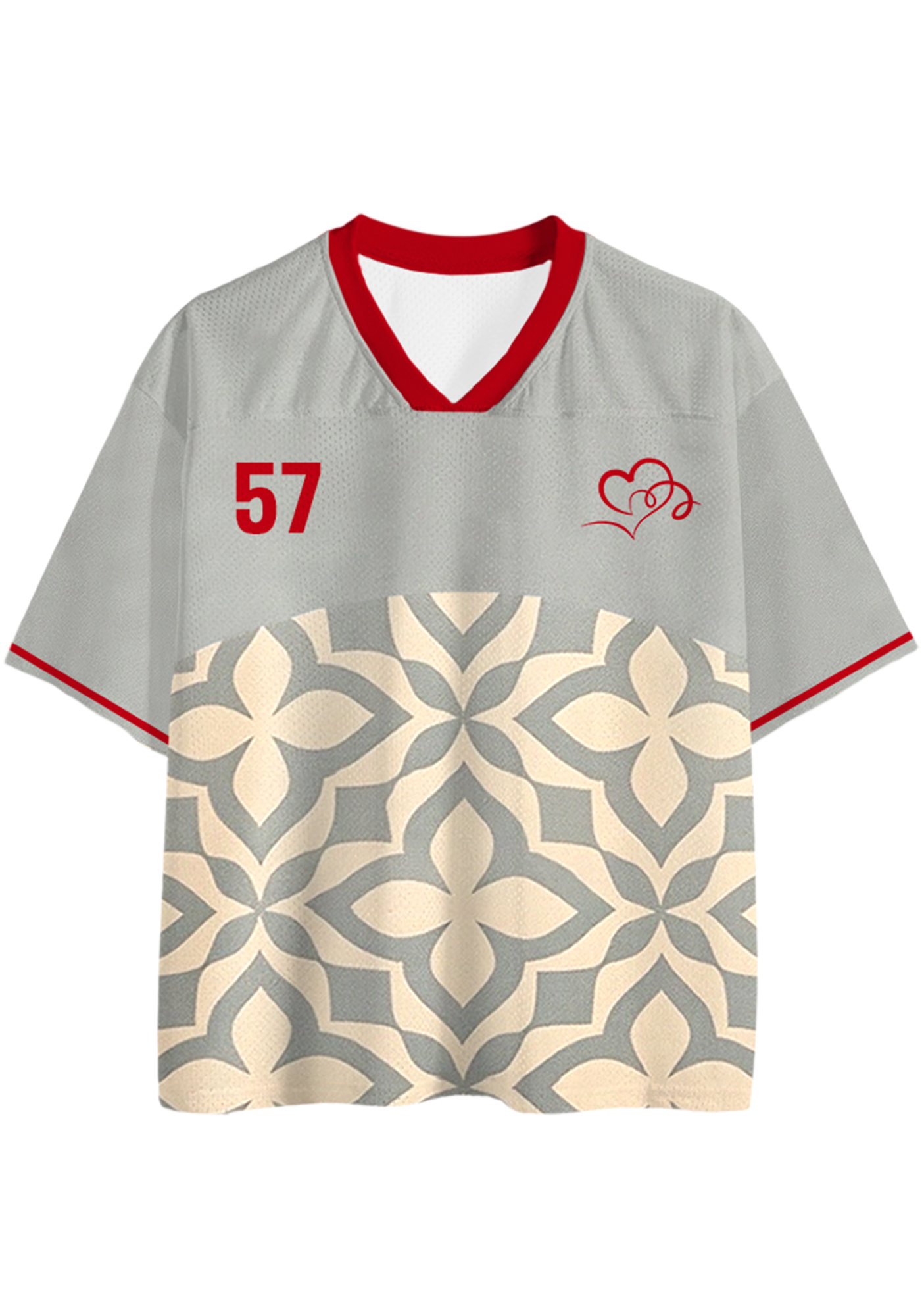 Retro Tile Print Heart Graphic Mesh Jersey Shirts