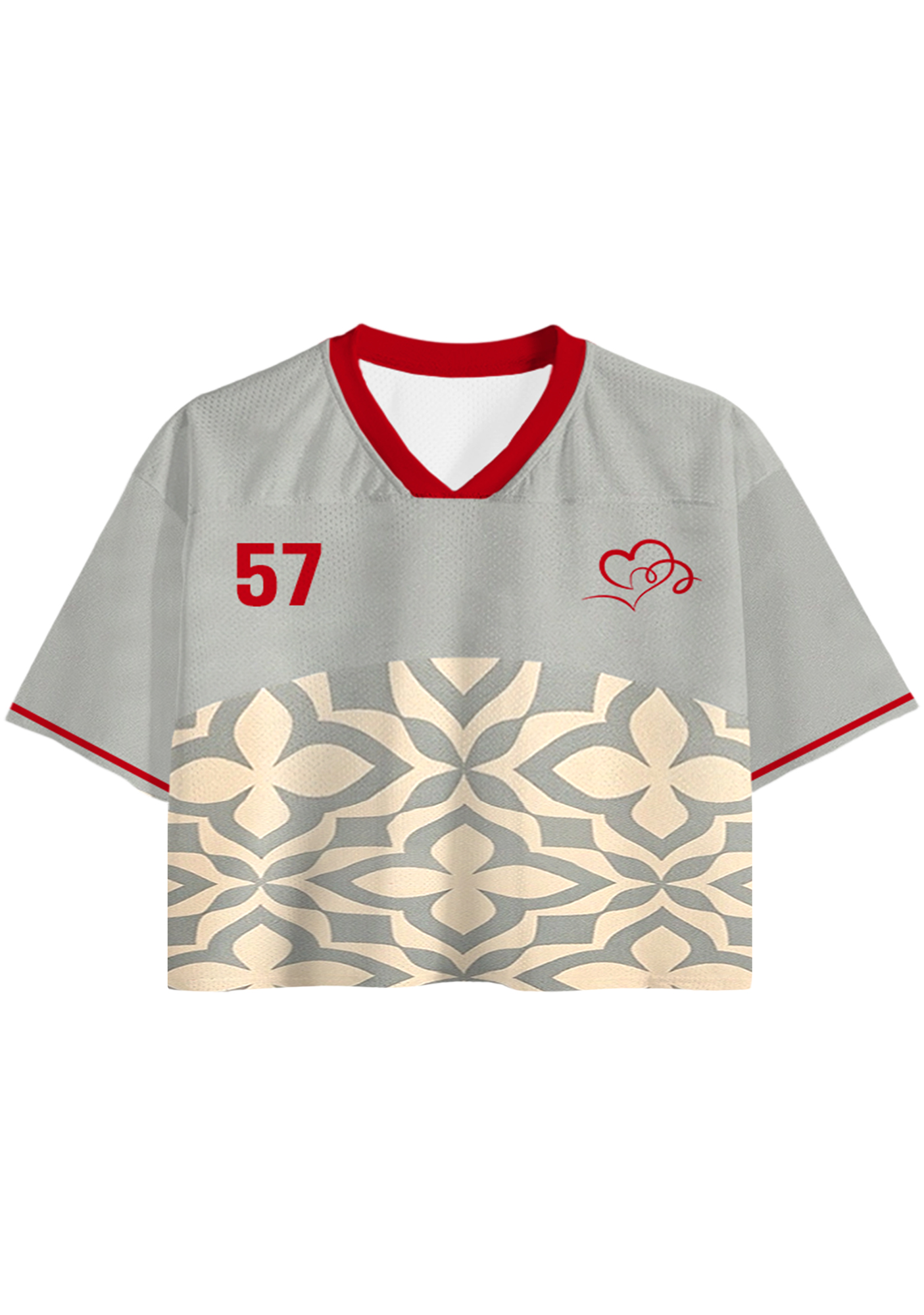 Retro Tile Print Heart Graphic Cropped Jersey Shirt