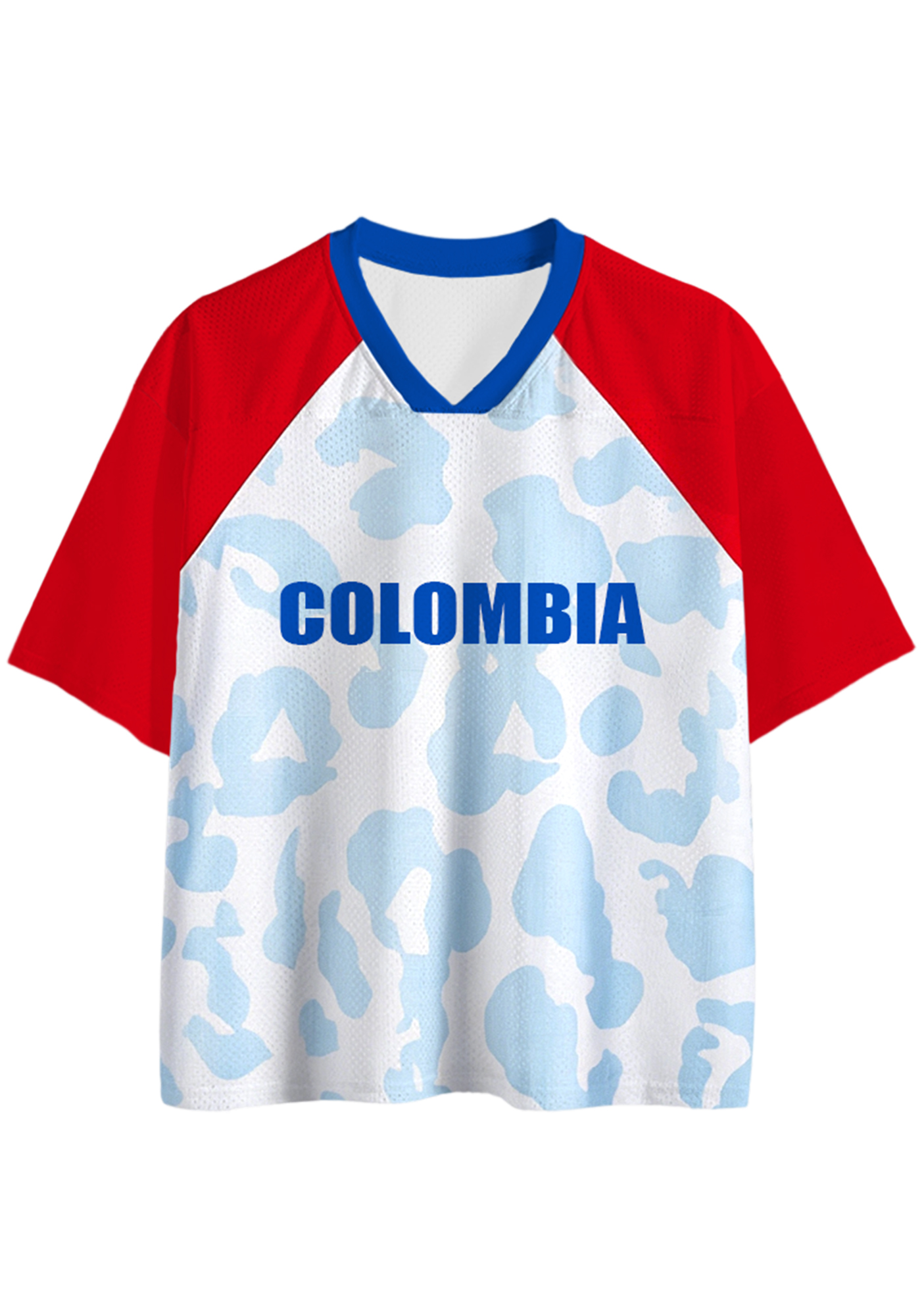 Red Raglan Blue Leopard Print Mesh Jersey Shirts