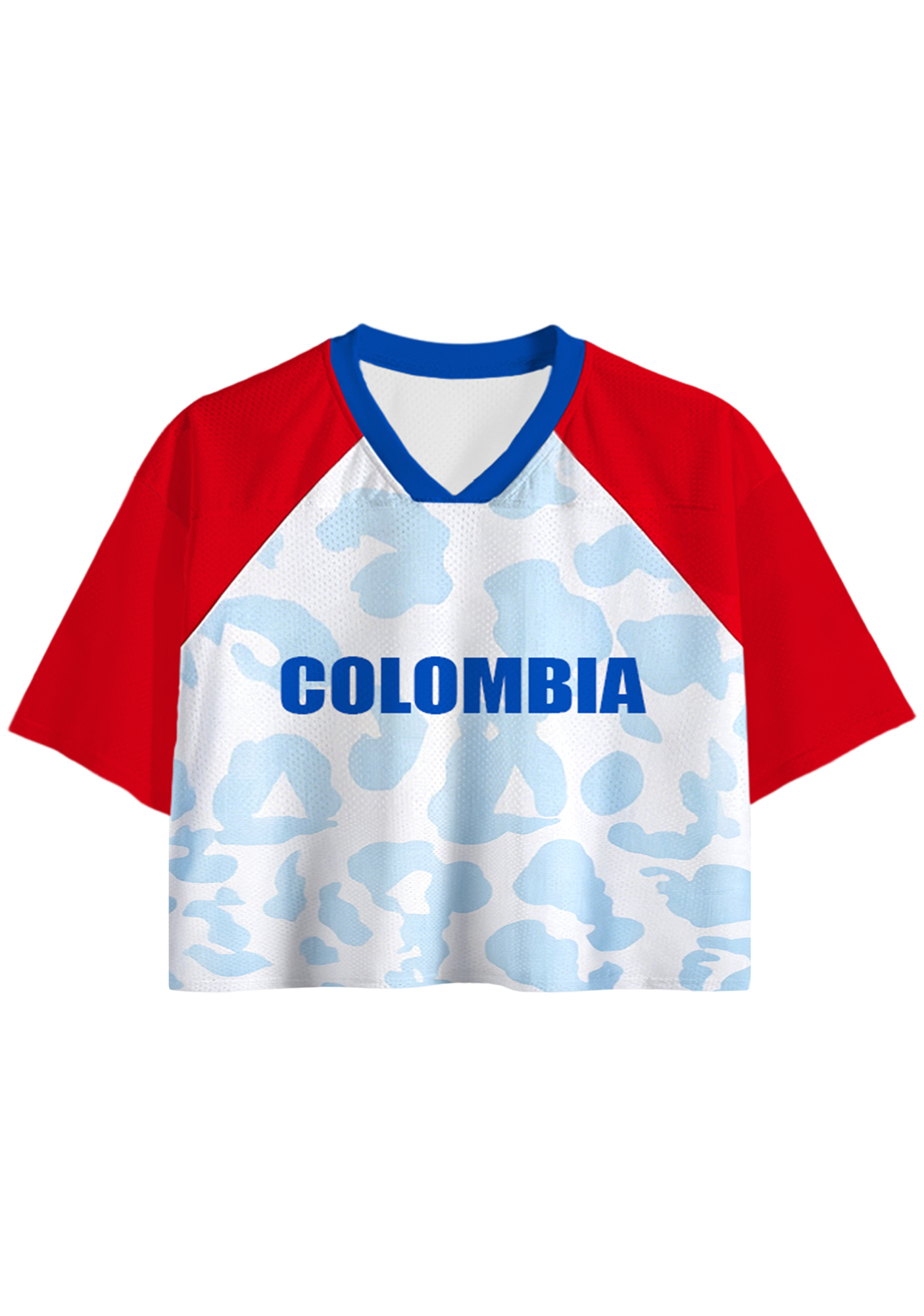 Red Raglan Blue Leopard Print Cropped Jersey Shirt