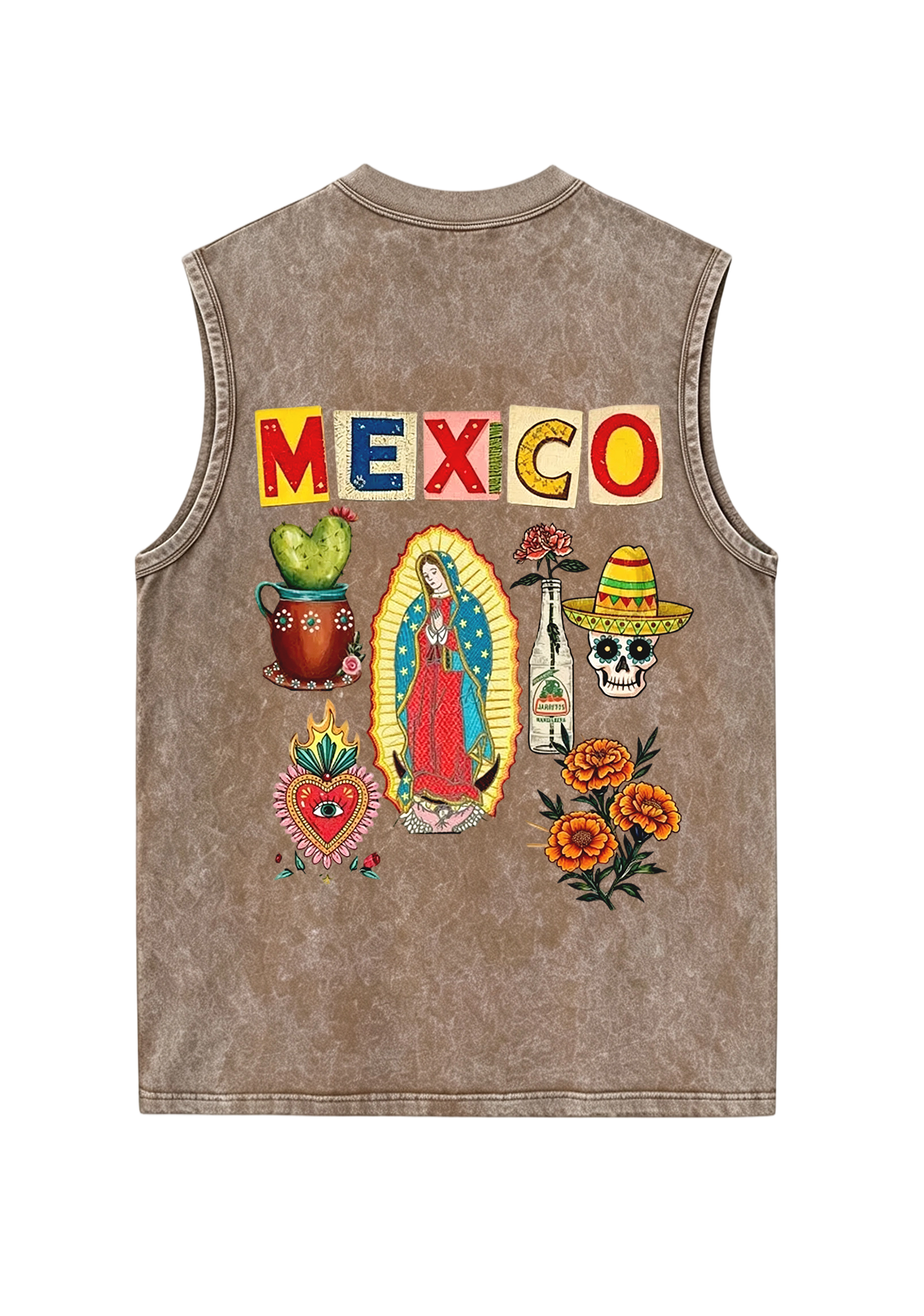Mexico Folk Culture Collage Cutout Letter Washed Tank