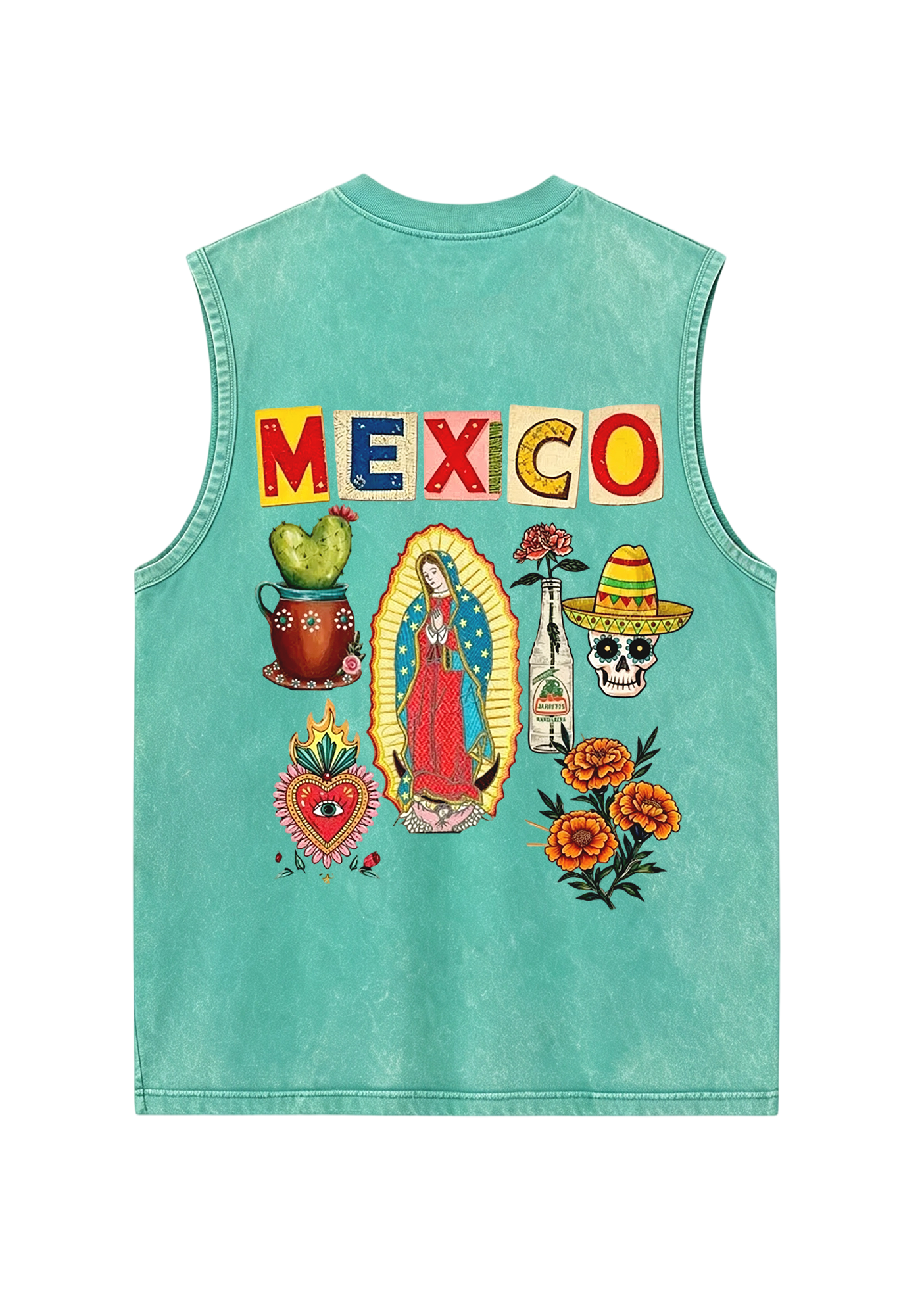 Mexico Folk Culture Collage Cutout Letter Washed Tank