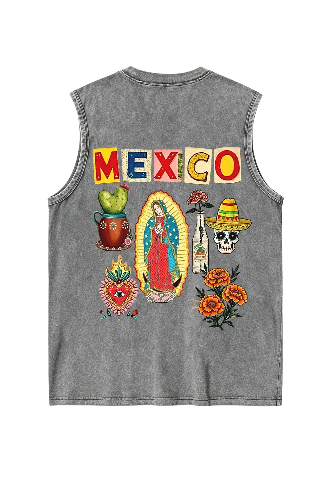 Mexico Folk Culture Collage Cutout Letter Washed Tank