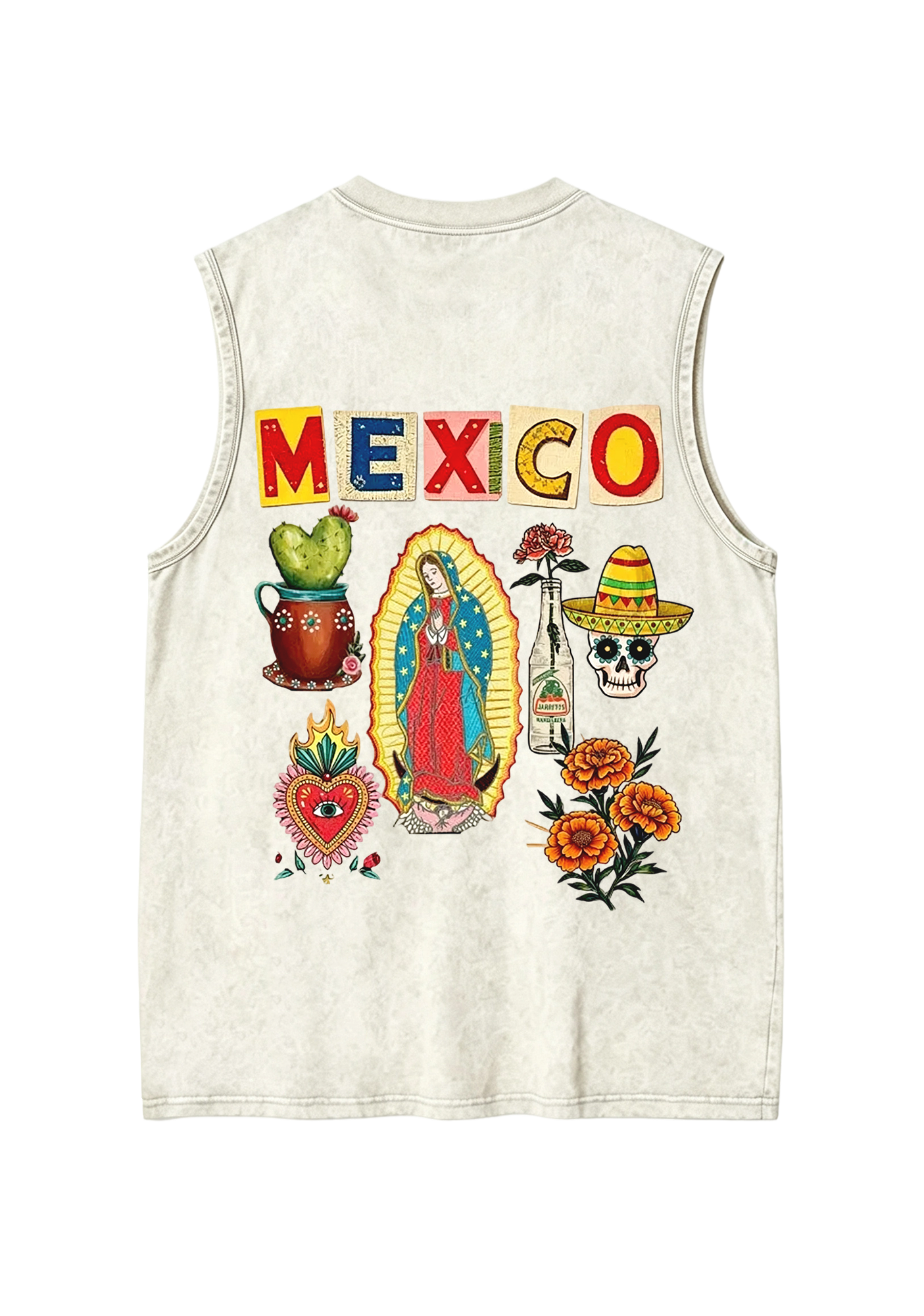 Mexico Folk Culture Collage Cutout Letter Washed Tank