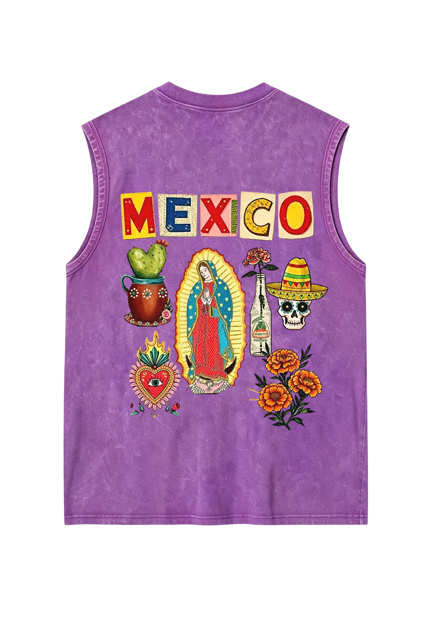 Mexico Folk Culture Collage Cutout Letter Washed Tank