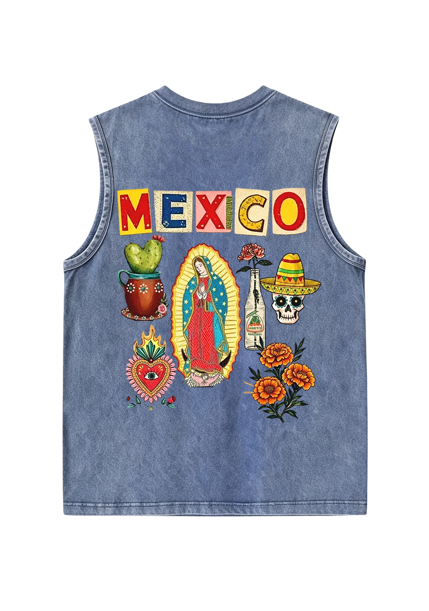 Mexico Folk Culture Collage Cutout Letter Washed Tank
