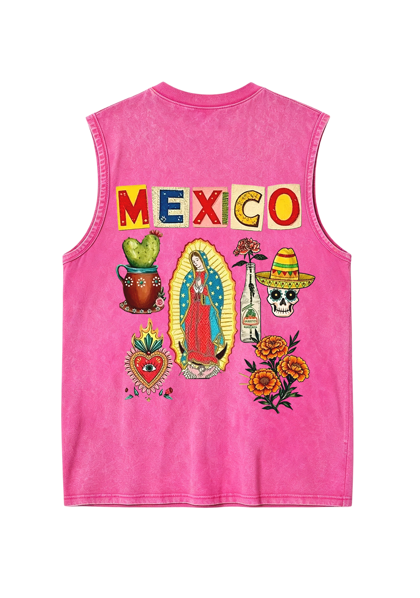 Mexico Folk Culture Collage Cutout Letter Washed Tank