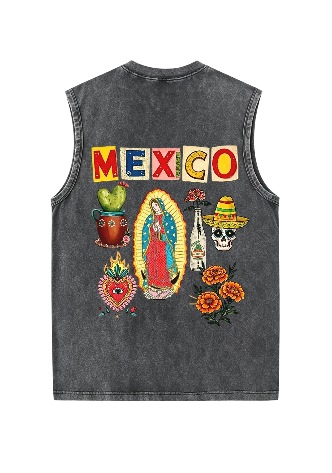 Mexico Folk Culture Collage Cutout Letter Washed Tank