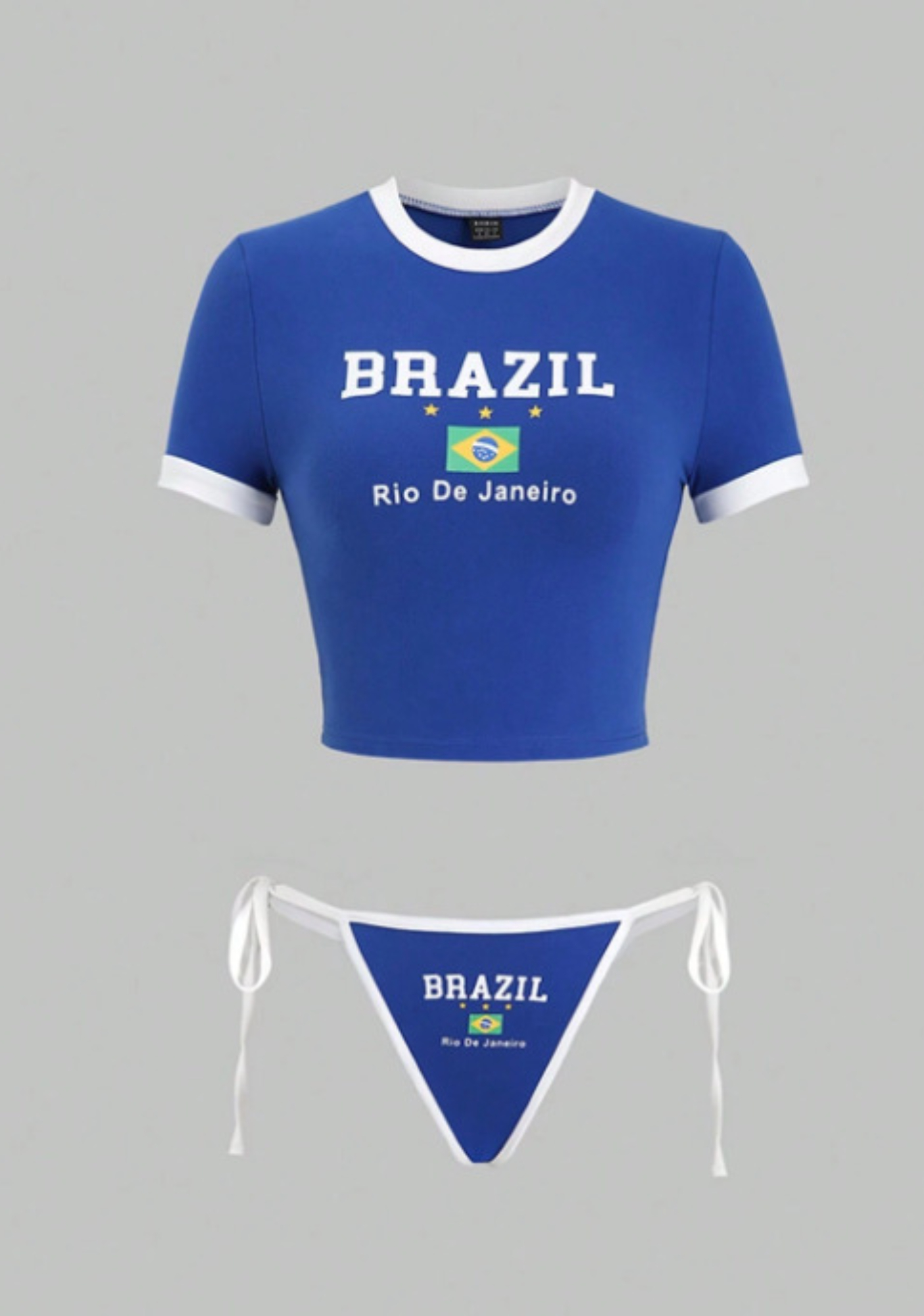 Brazil Flag Rio Graphic Ringer Crop Top & Tie Bikini Matching Set