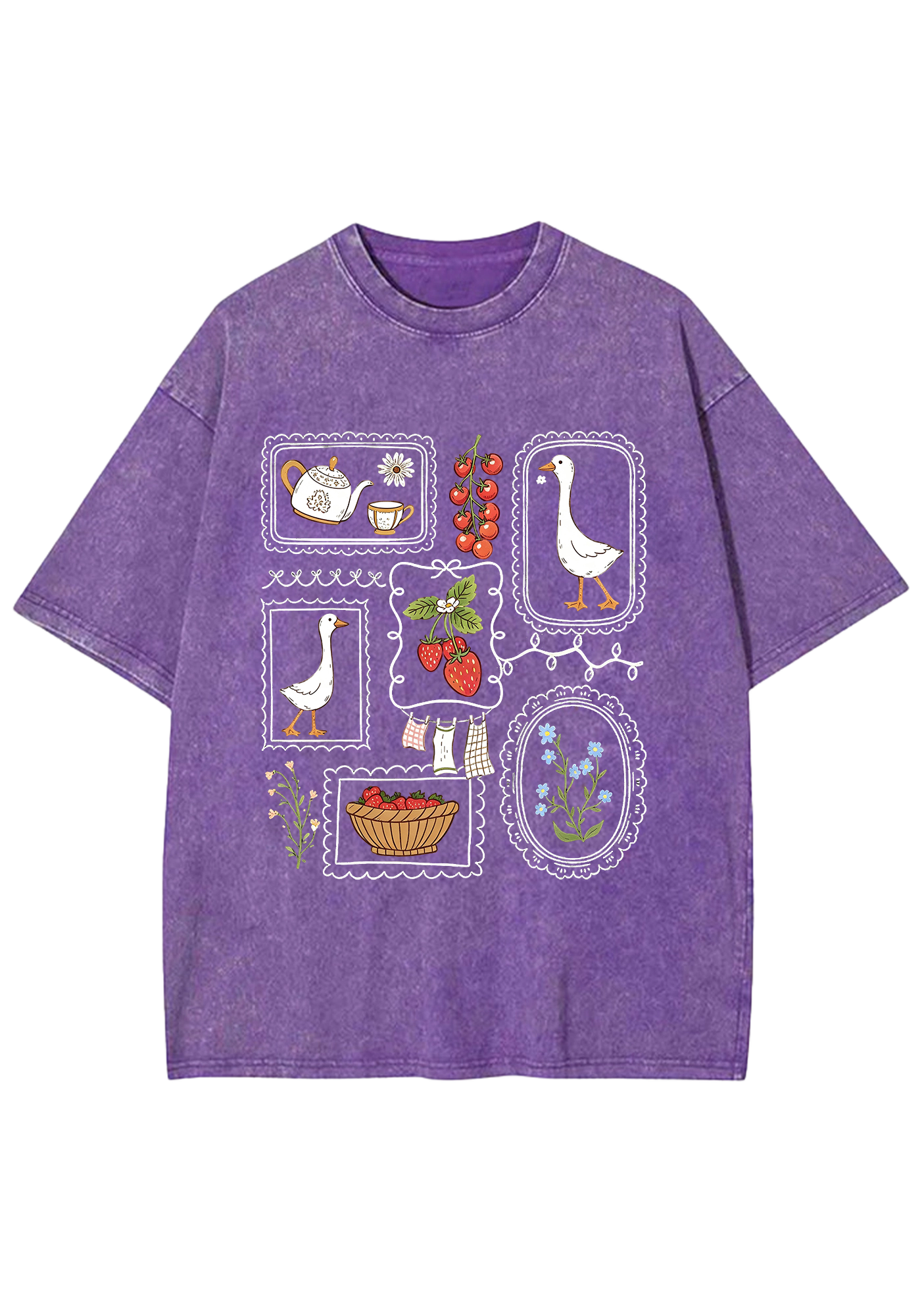 Cottagecore Duck Strawberry Frame Washed Tee