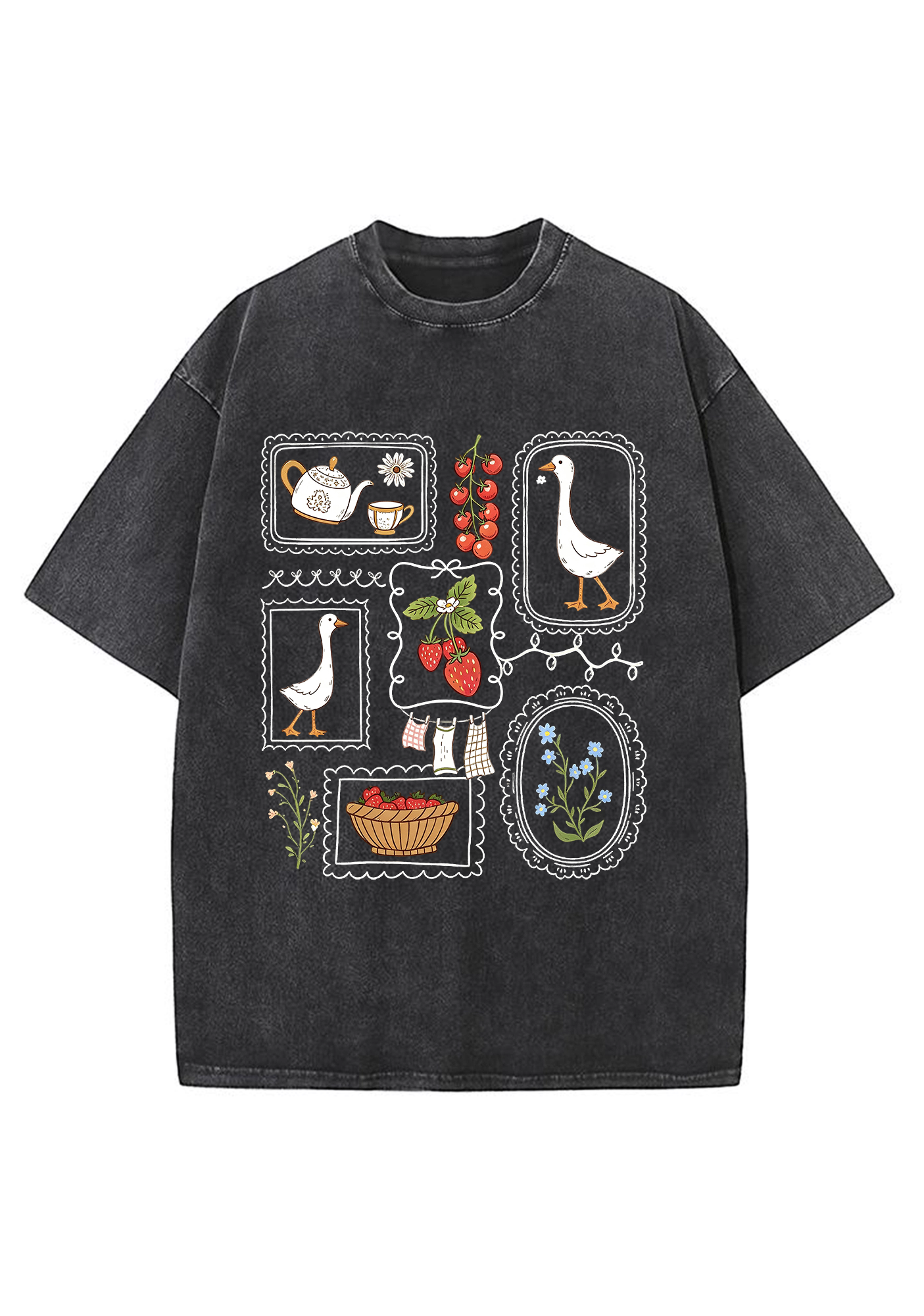 Cottagecore Duck Strawberry Frame Washed Tee