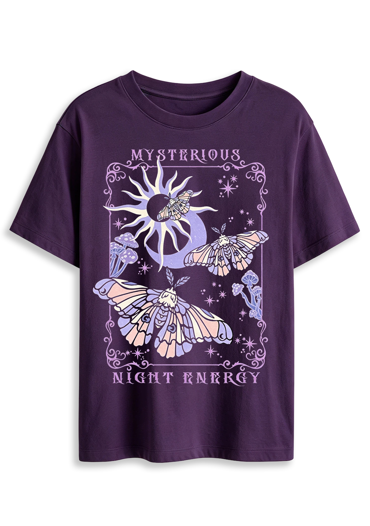 Mysterious Night Energy Moth Moon Mushroom Tarot Graphic T-Shirt