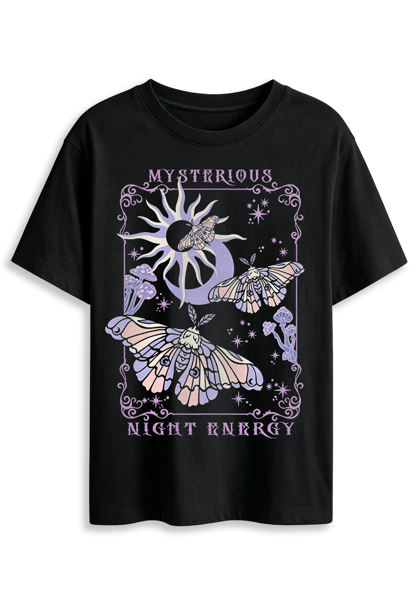 Mysterious Night Energy Moth Moon Mushroom Tarot Graphic T-Shirt