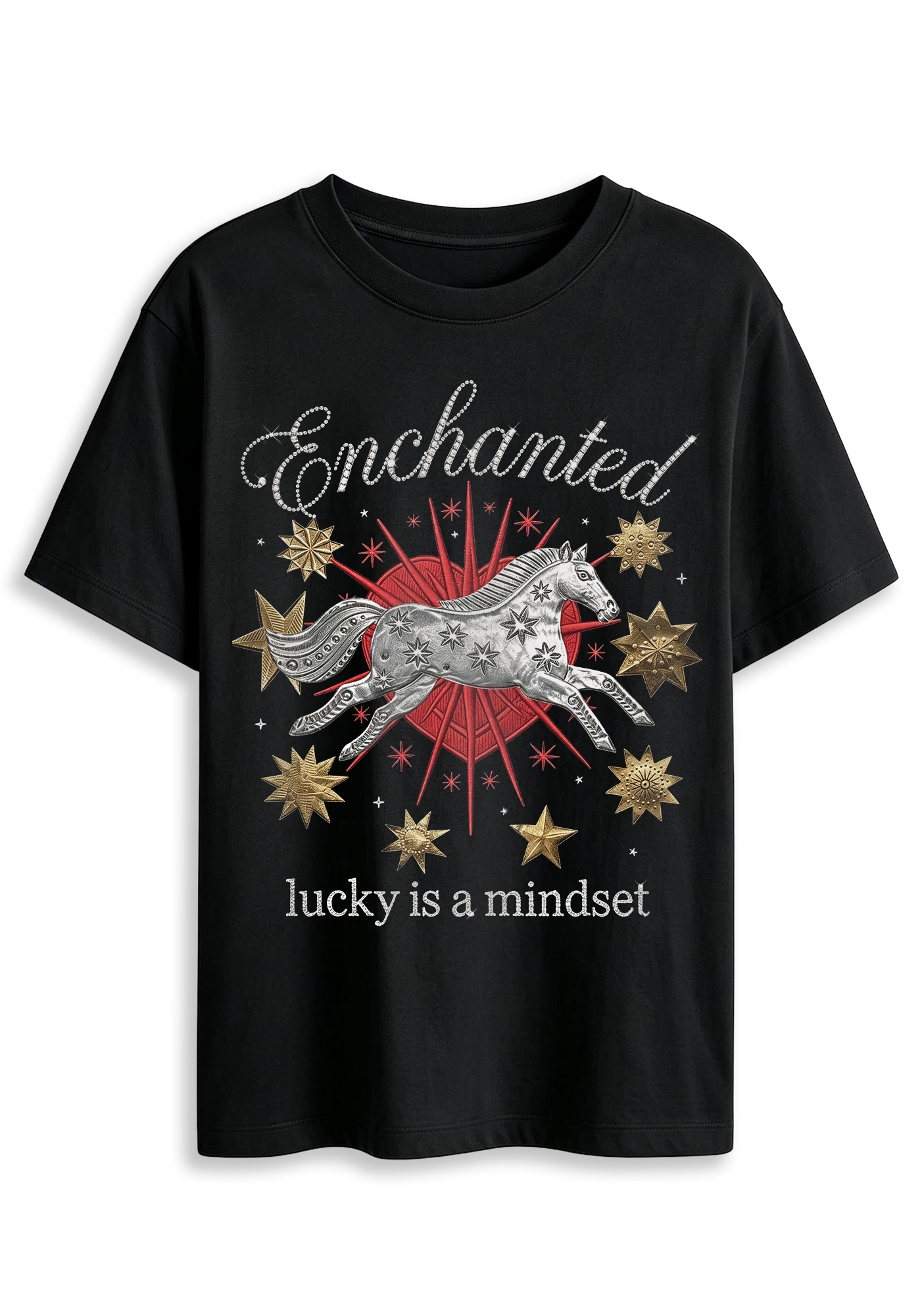 Enchanted Lucky Is A Mindset Horse Star Heart Graphic T-Shirt