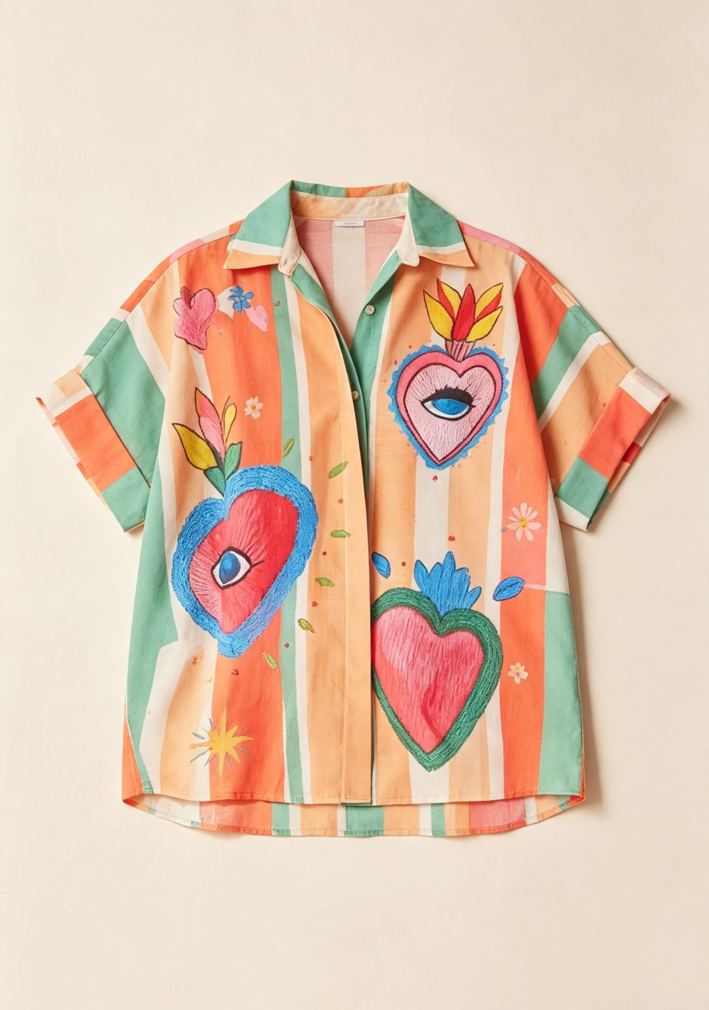 Mexican Sacred Heart Eye Print Button Up Shirt