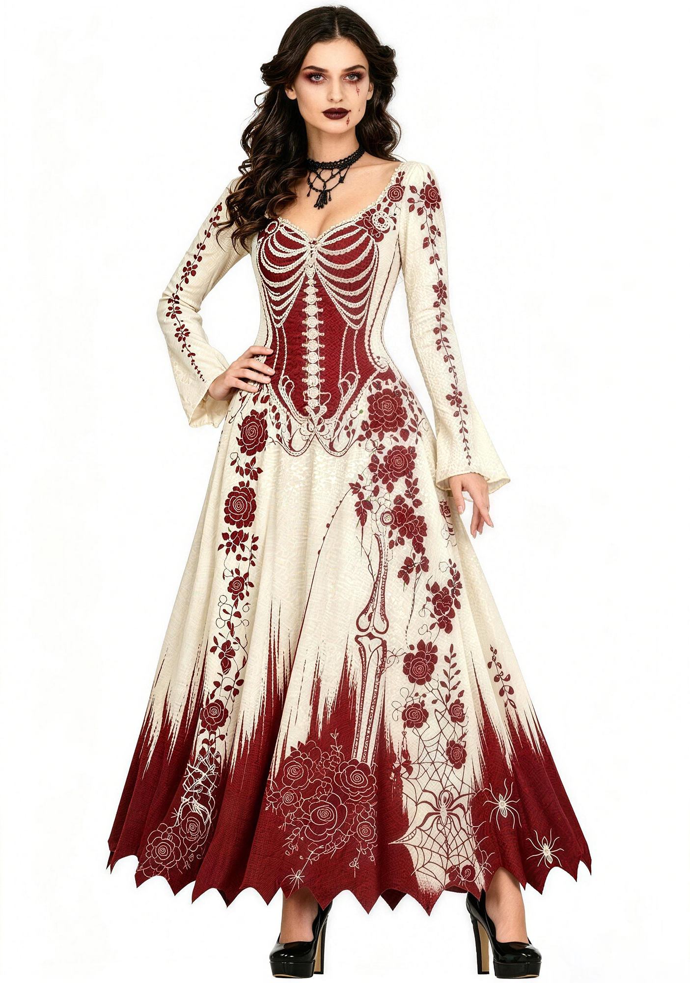 Cream & Burgundy Gothic Skeleton Rose Vampire Gown