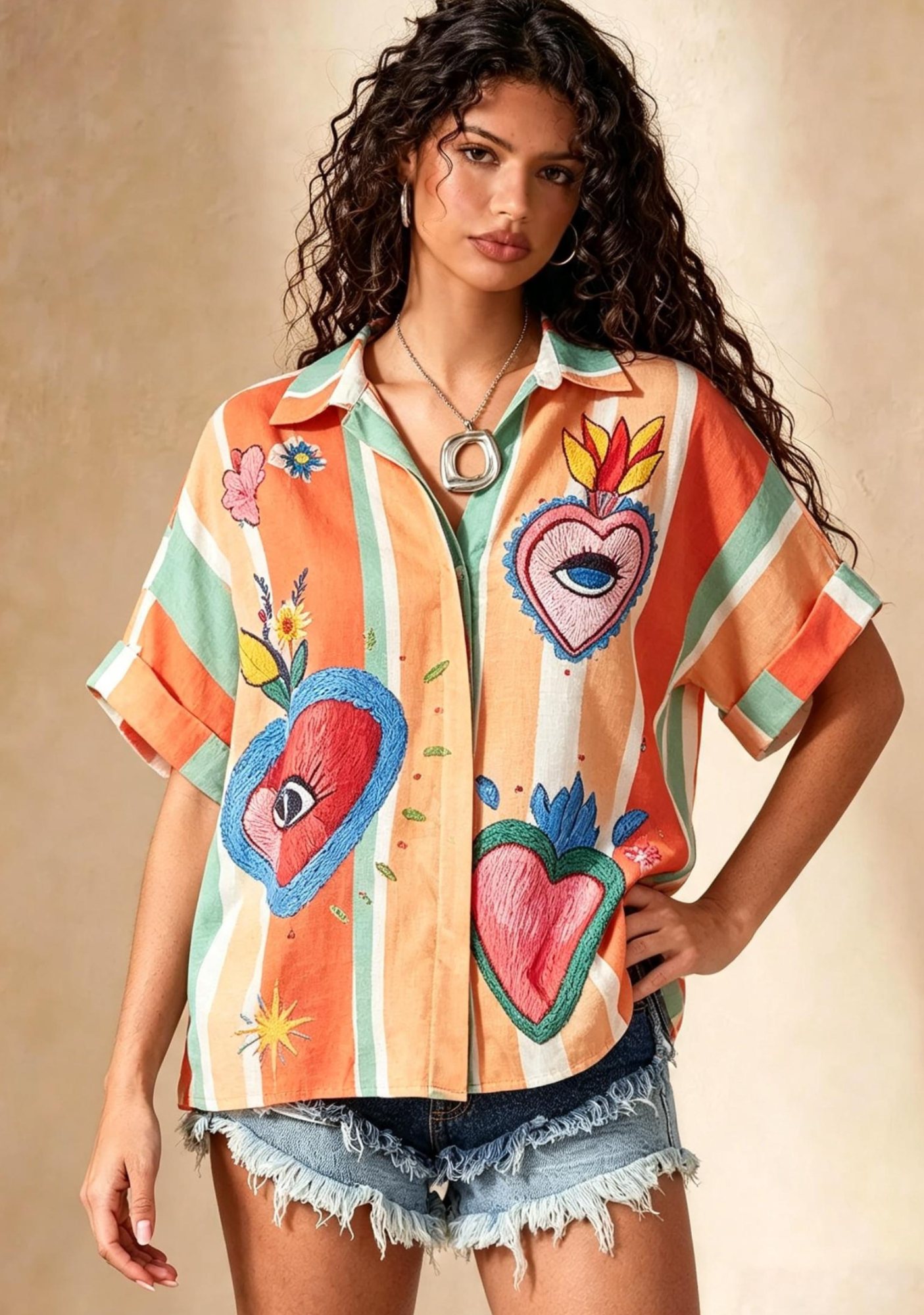 Mexican Sacred Heart Eye Print Button Up Shirt