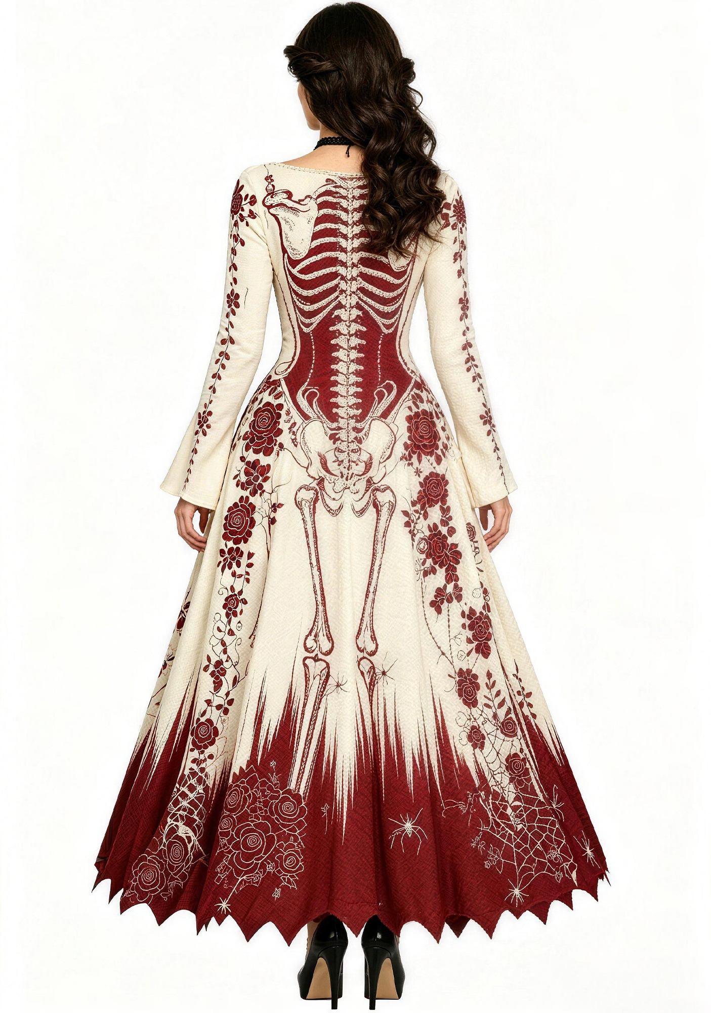 Cream & Burgundy Gothic Skeleton Rose Vampire Gown