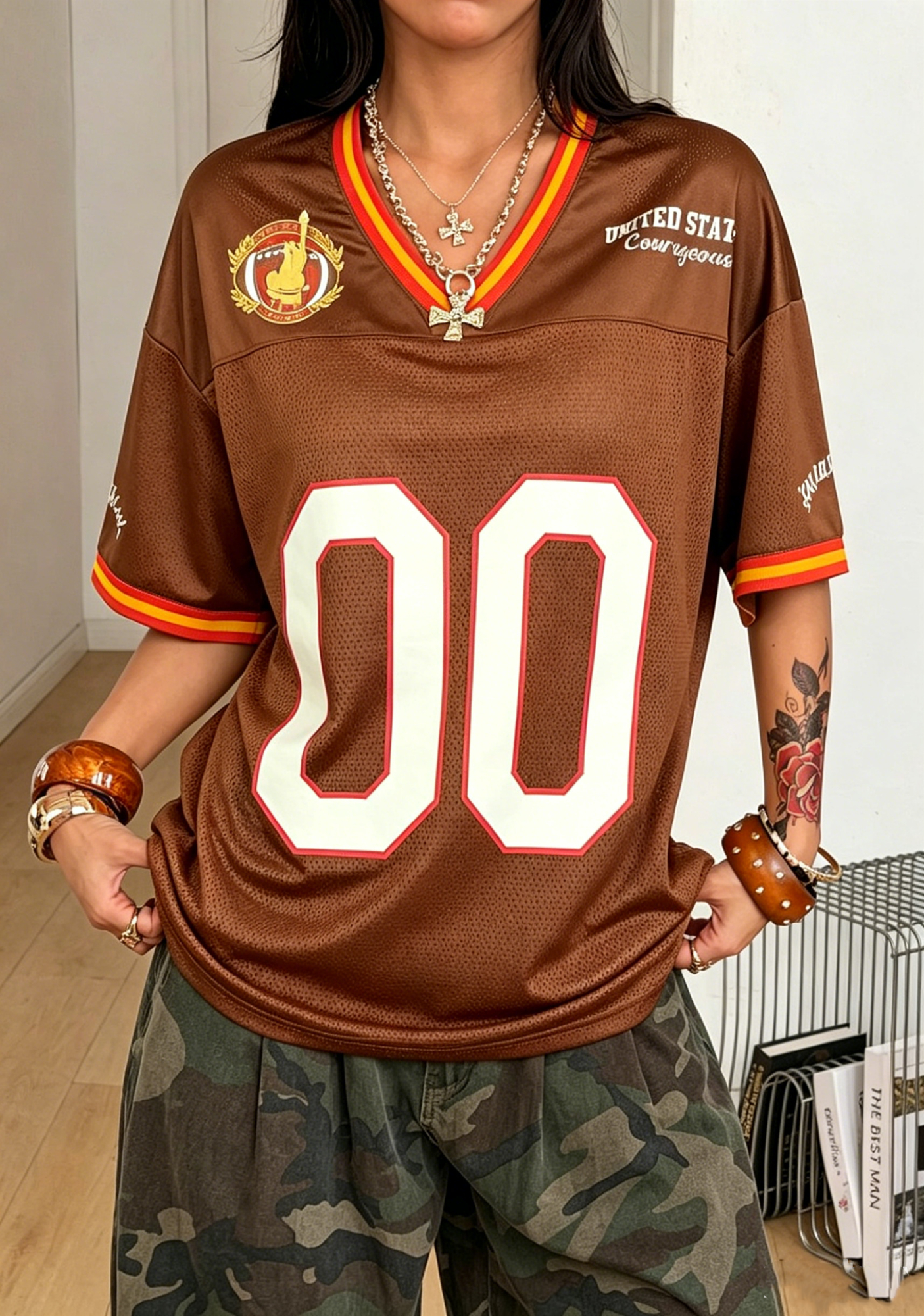 Brown Mesh 00 Number Graphic Jersey Shirts