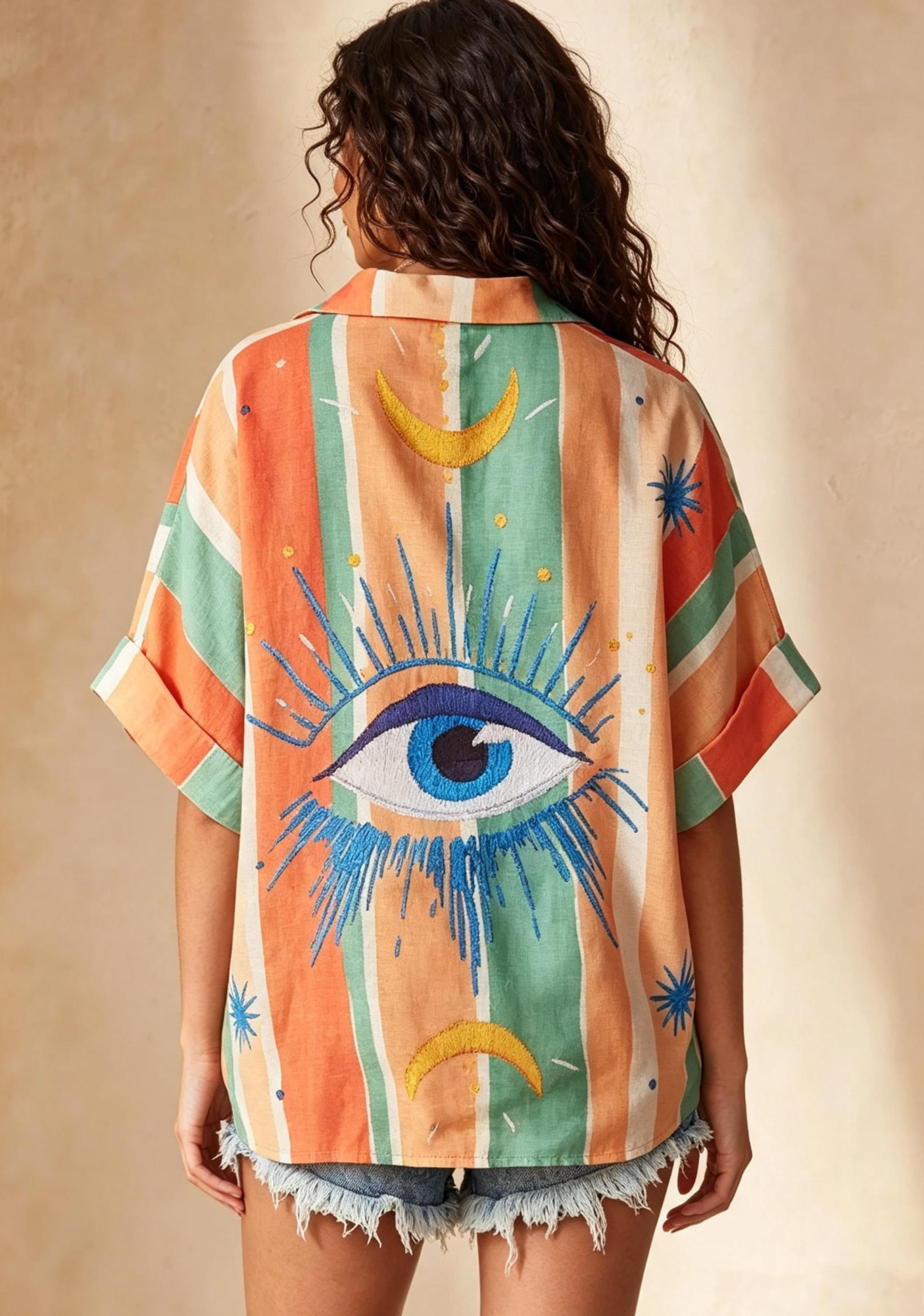 Mexican Sacred Heart Eye Print Button Up Shirt