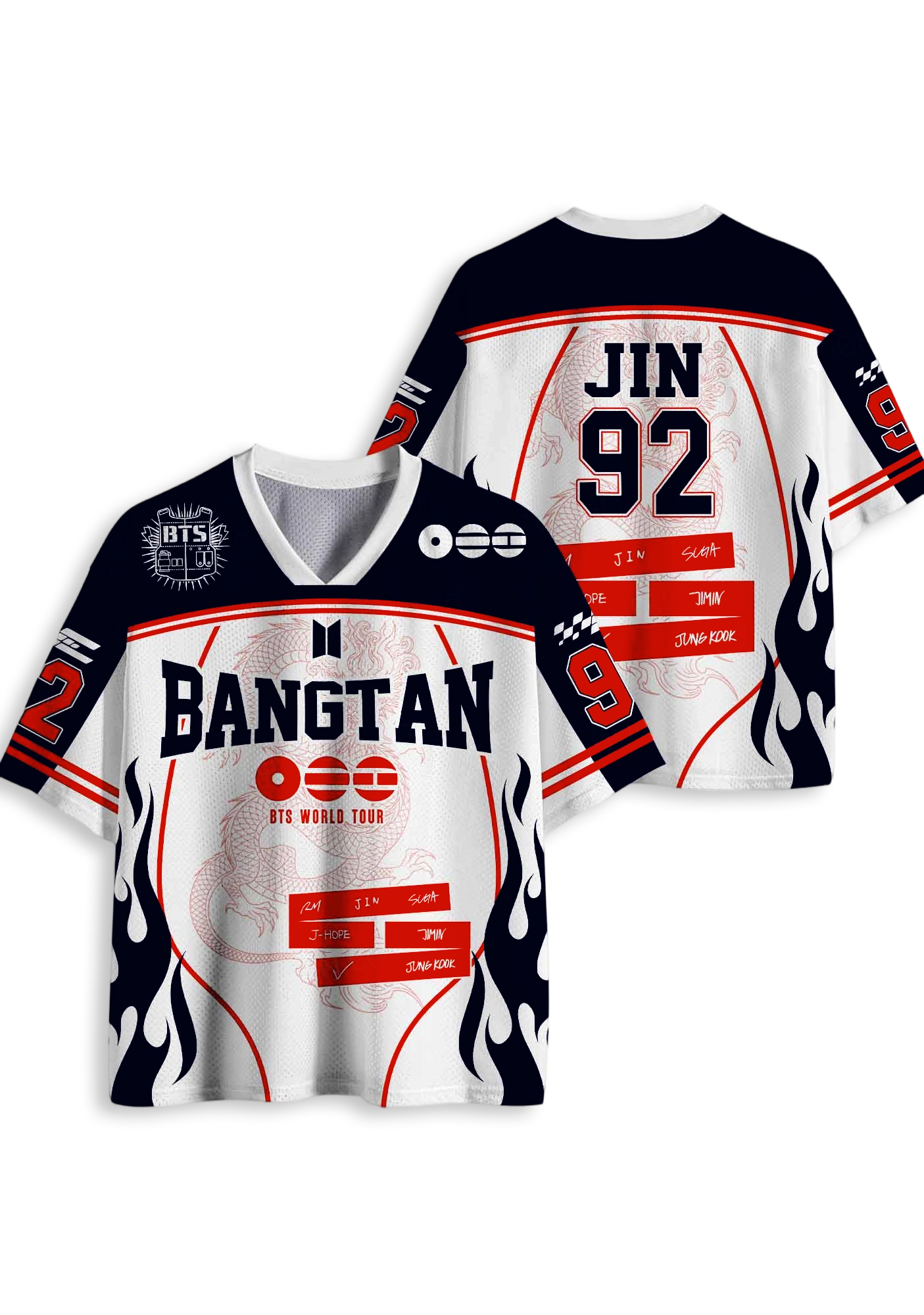 Y2K BTS Bangtan Flames Mesh Jersey Shirt