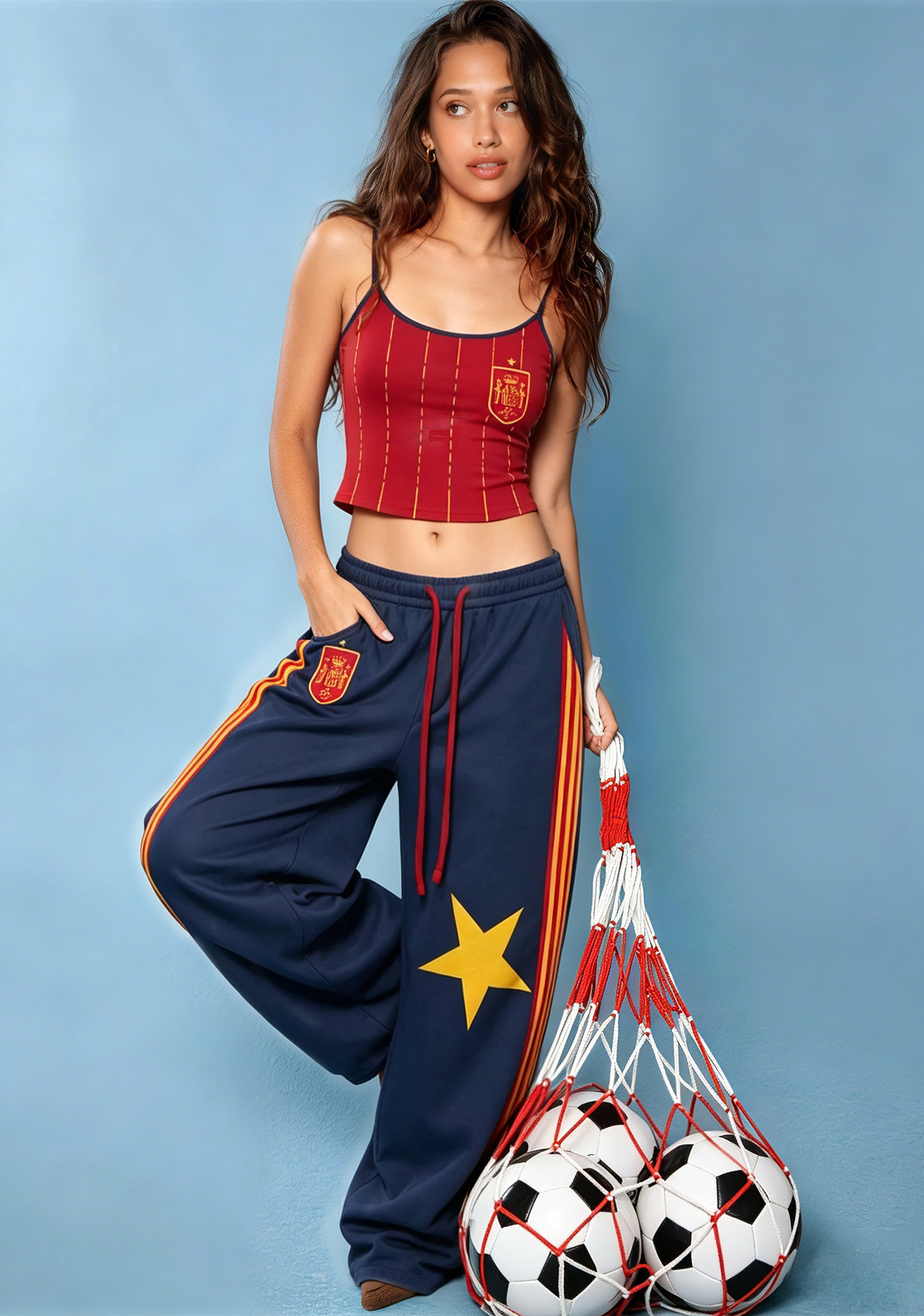 Spanish Soccer Crest Striped Sling Tops & Elasticated Trousers Two-Piece Set