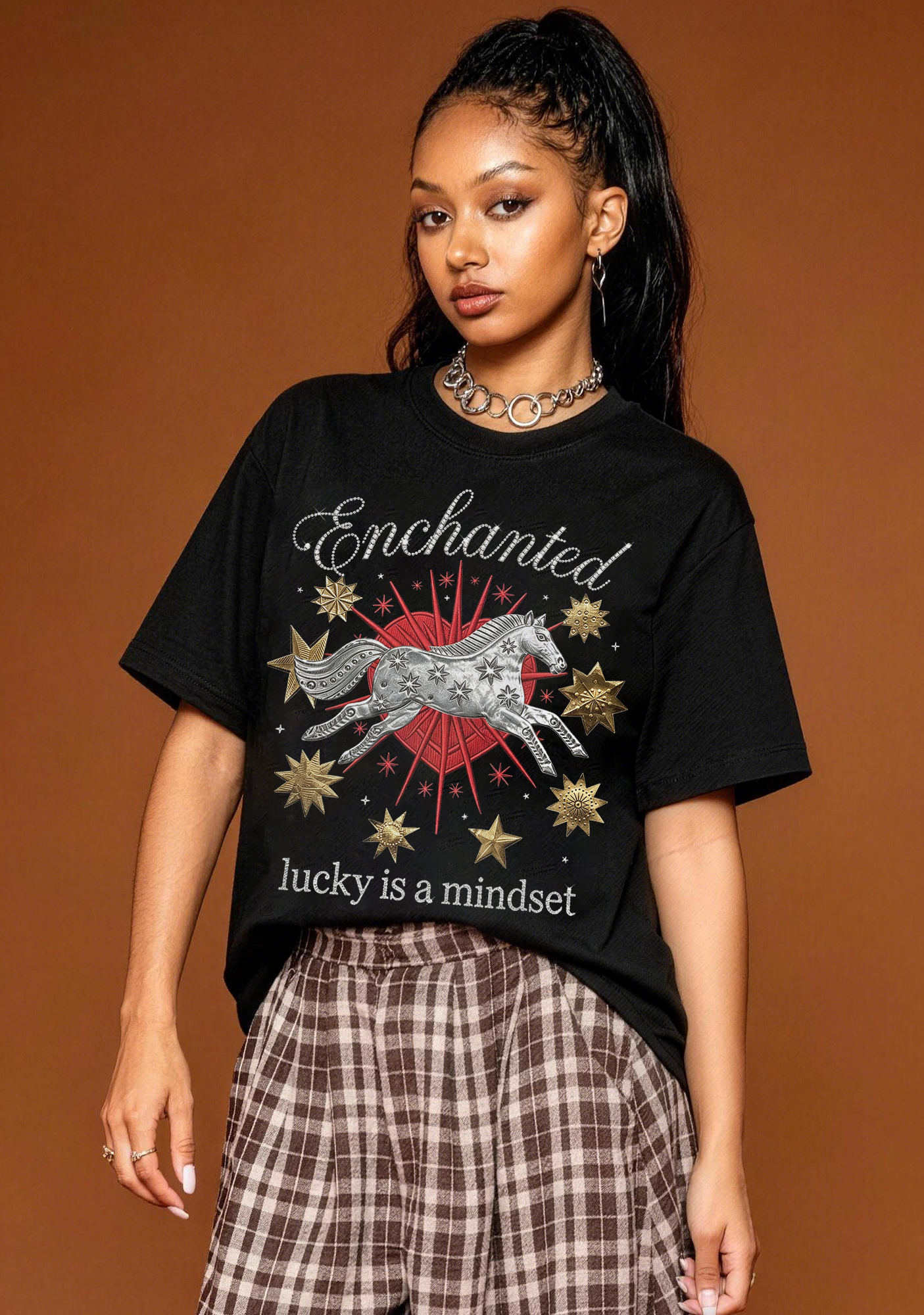 Enchanted Lucky Is A Mindset Horse Star Heart Graphic T-Shirt